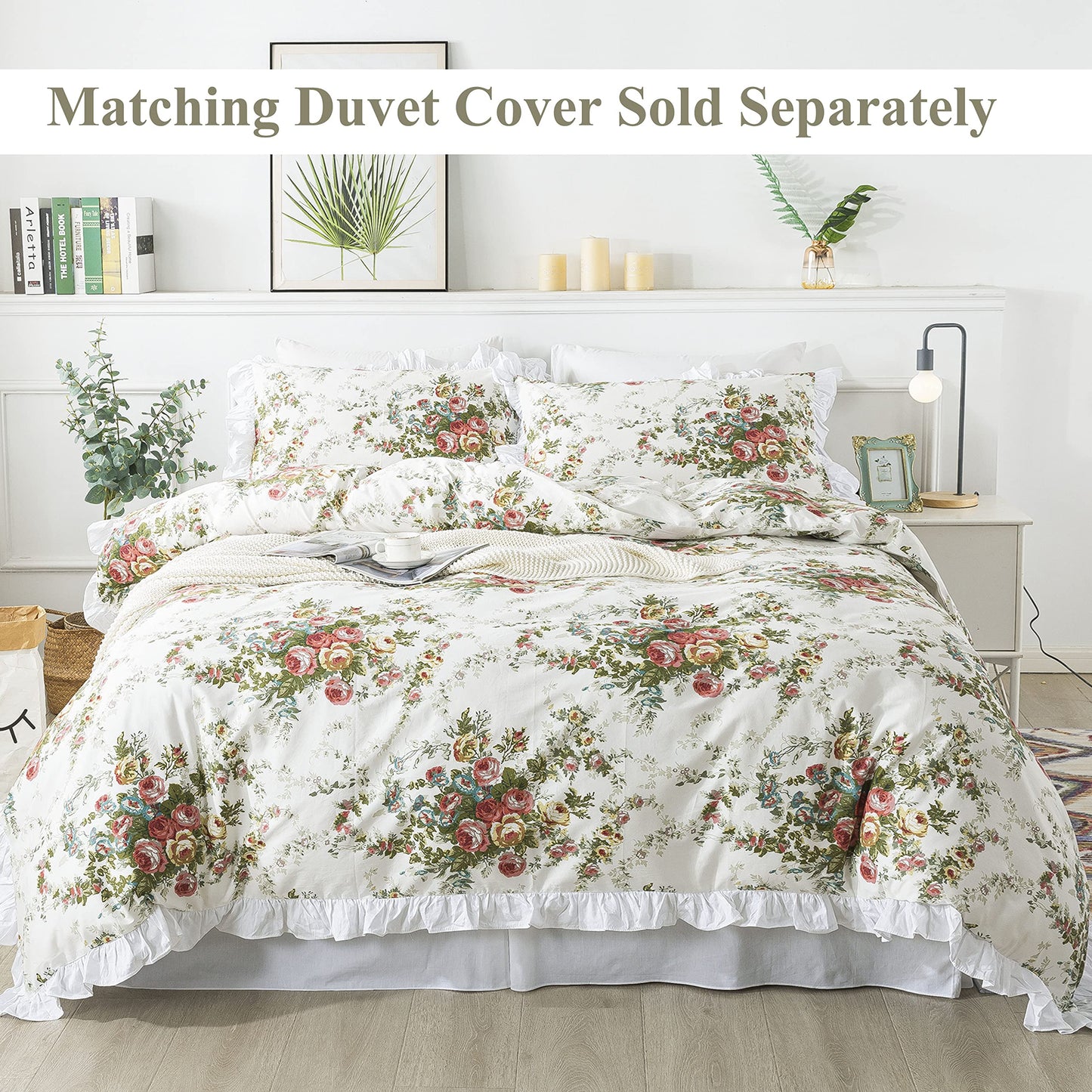 FADFAY Rose Sheets Floral Bed Sheets Queen 100% Cotton Off White Victorian Flower Printed Shabby Vintage Antique Bedding Soft Natural Cotton Deep Pocket Fitted Sheet 4Pcs, Queen