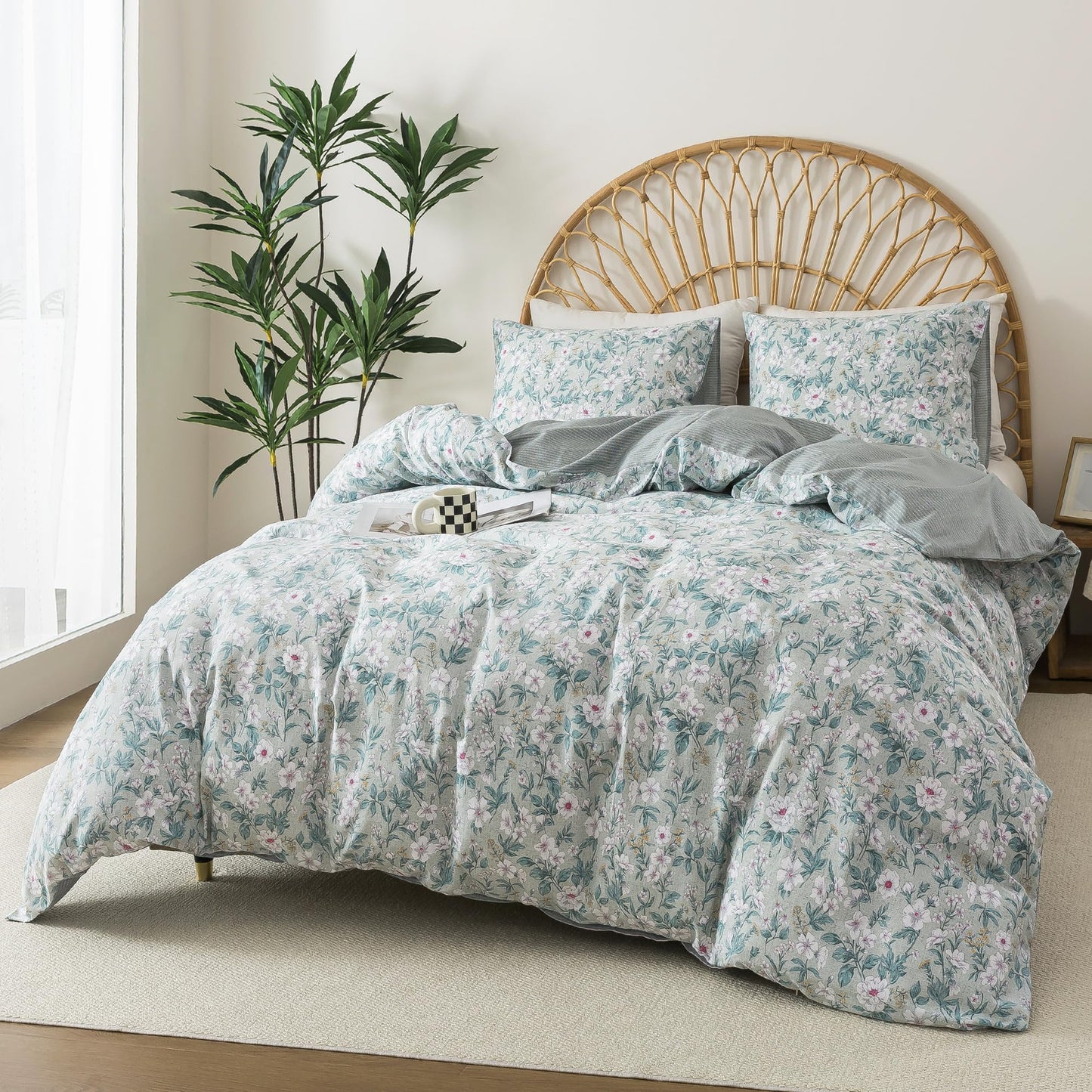 HoneiLife Botanical Duvet Cover King - 100% Cotton Comforter Cover 3-PC, Floral Bedlinen Set with Zipper Closure & Corner Ties, Wildflower Comforter Cover Sets, Greenery