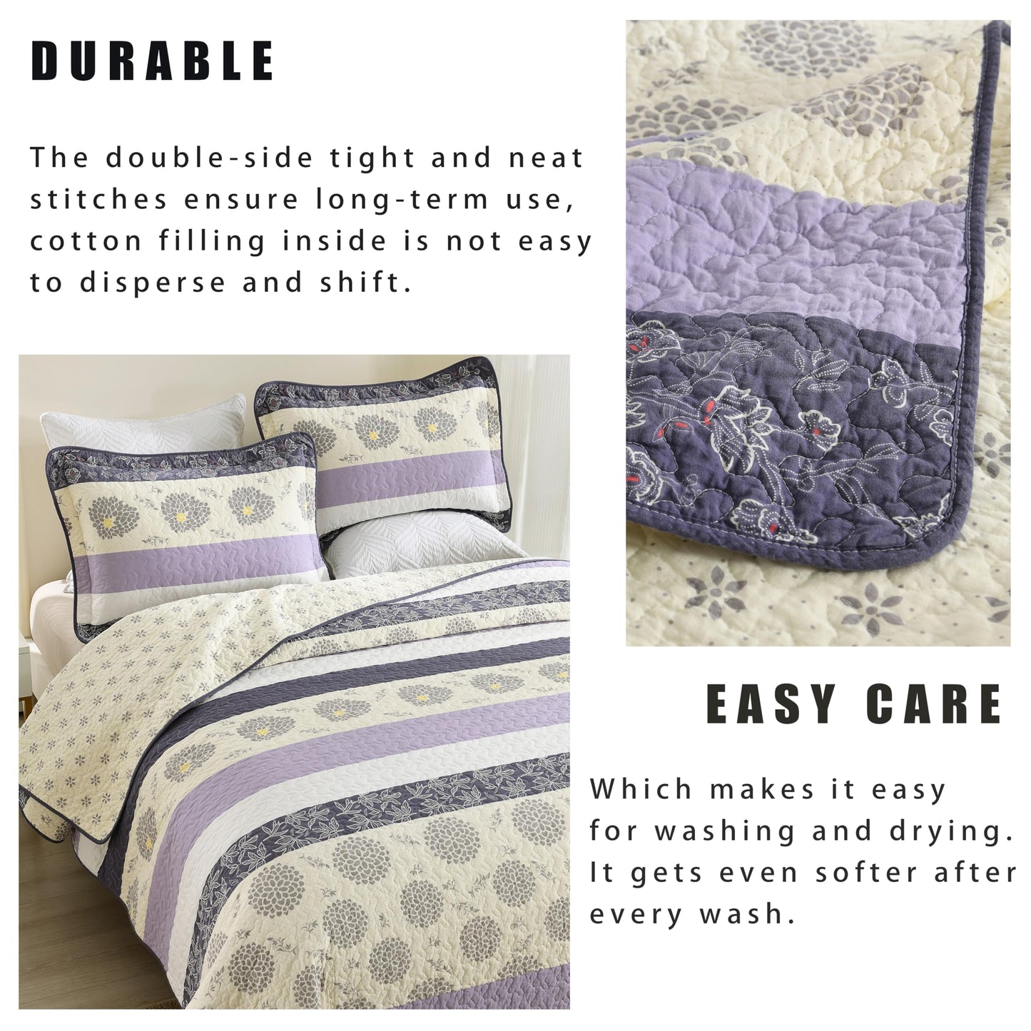 Homzard Floral Comforter Set Queen Size,Purple Lavender Beige Queen Size Quilt Set,All Cotton Quilted Comforter,Striped Floral Pattern Bedding Bedspread, 3 Piece All Season