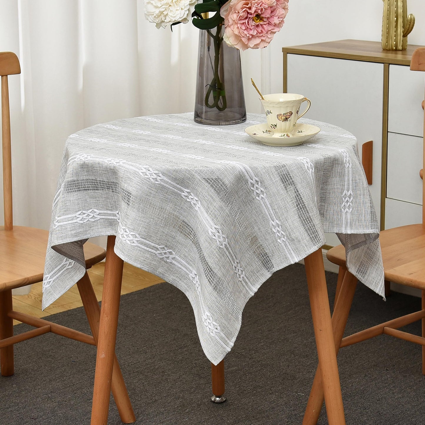 Limalred Farmhouse Striped Embroidery Small Square Tablecloth, Openwork Heavy Weight Linen Wrinkle Resistant Tablecloths End Table Cover for Nightstand Bedside Table Decor 36x36 Inch Grey
