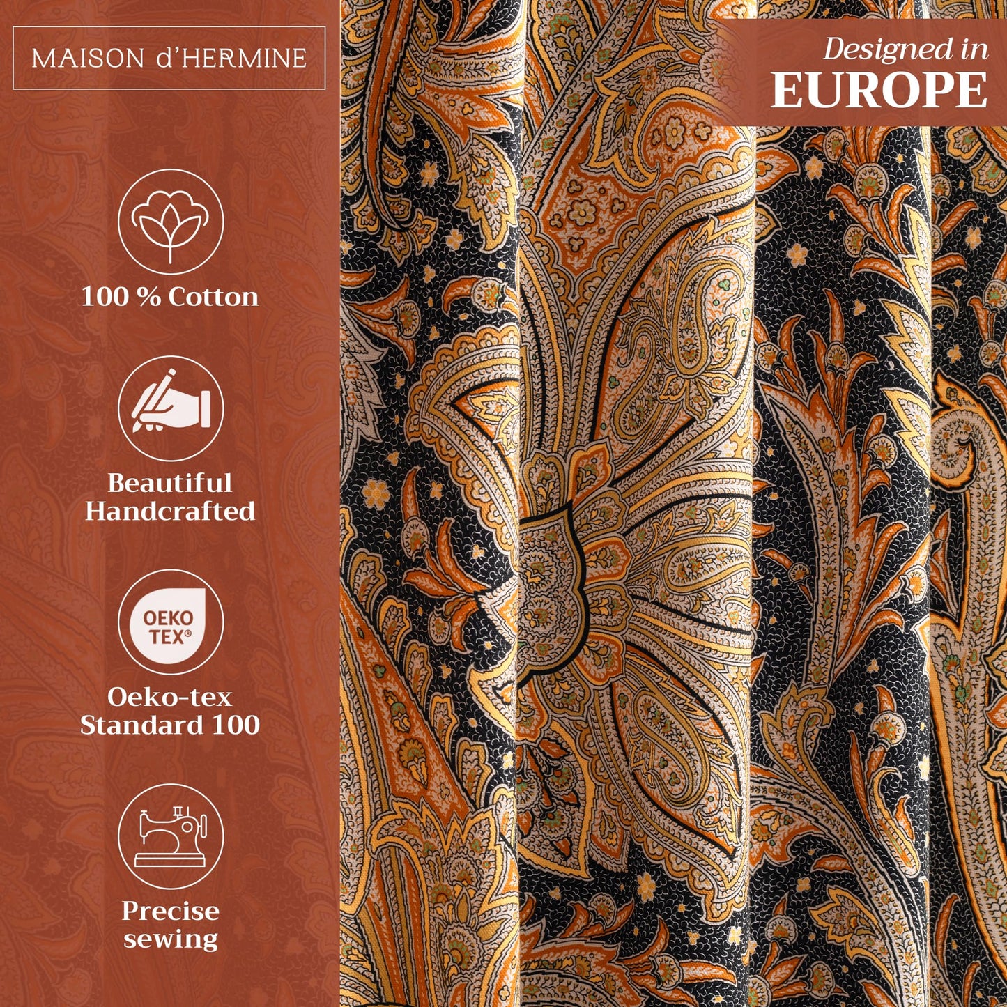 Maison d' Hermine Curtains for Living Room 100% Cotton 96 inch Length One Panel Light Filtering Curtains for Windows with Rod and Loop Pockets (Kashmir Paisley - Graphite, 50" W x 96" L)