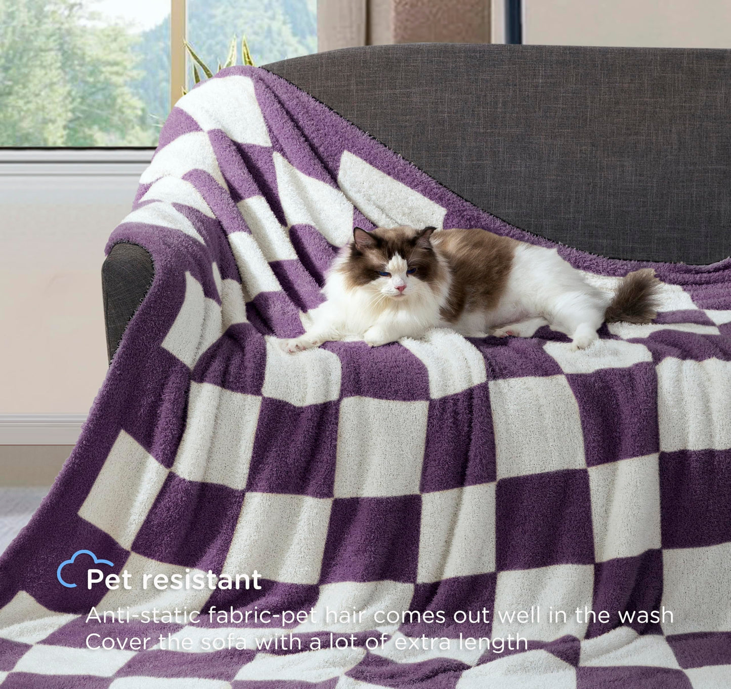 CLOUDS HUG Purple Checkered Throw Blanket for Couch - Super Soft Knit Bed Blanket for Mother，Fluffy Fuzzy Plush Lightweight Cozy Throws for Sofa ，50" x 60"