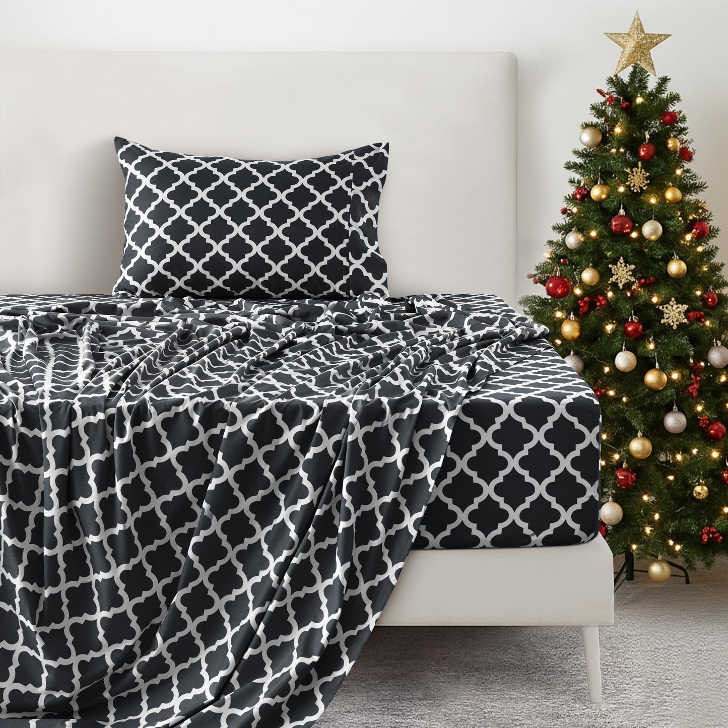 LUX Décor Quatrefoil Twin Sheet Set - 3 Piece Ultra-Soft Microfiber Bed Sheets with Flat Sheet, 16 Inches Deep Pocket Fitted Sheet & Pillowcases, Breathable, Bedroom Decor, Oeko- - Black