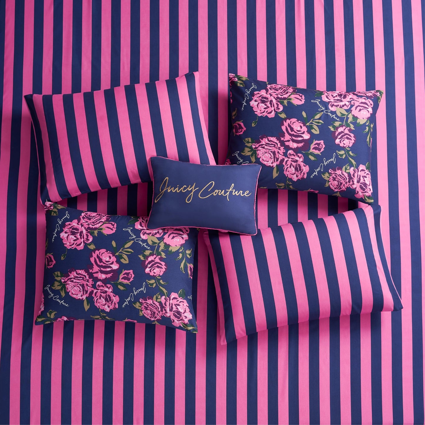 Juicy Couture Rose Logo King Comforter Set, Navy/Pink – 8-Piece Complete Bed in a Bag