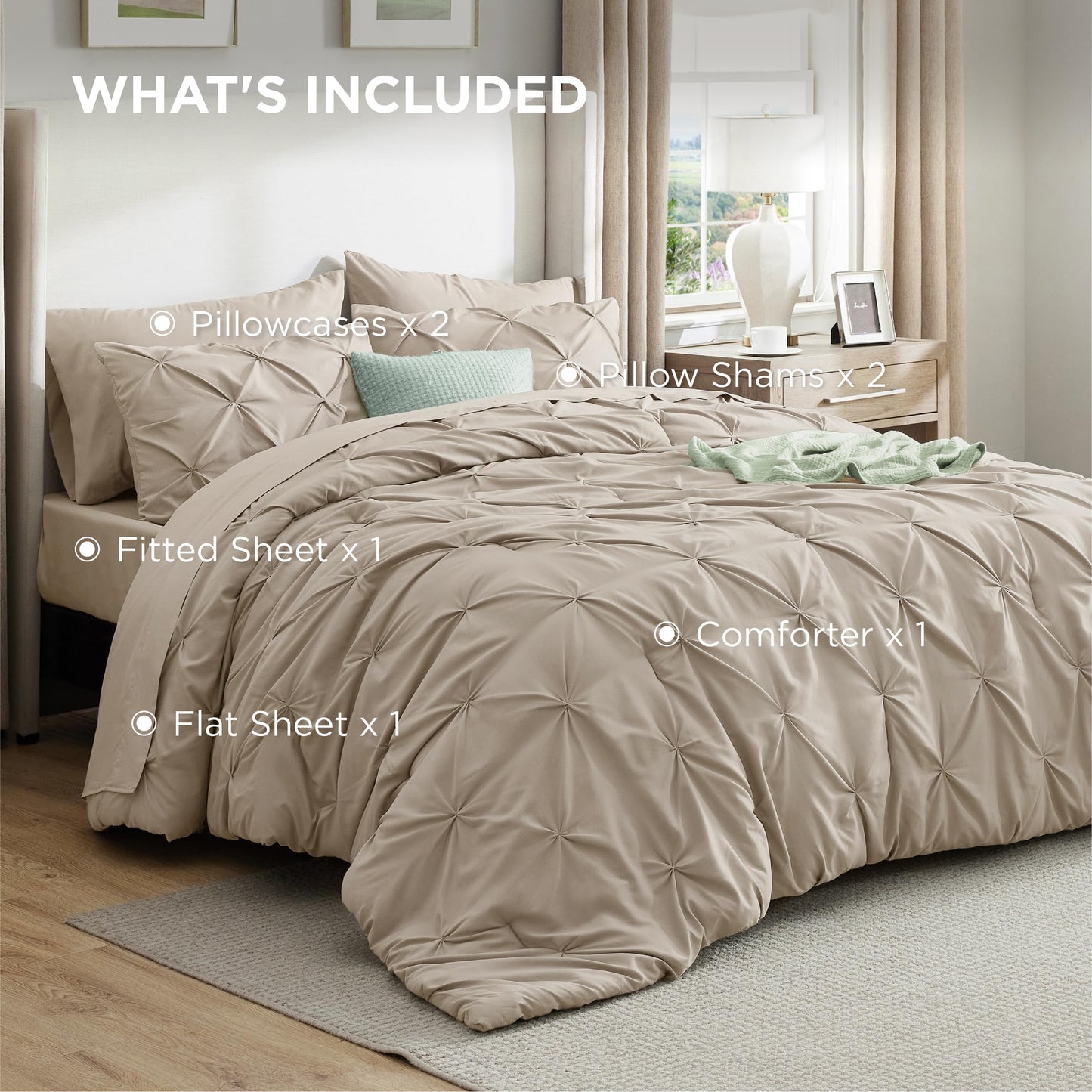 Bedsure Queen Comforter Set Beige - Bed in a Bag Queen Size Bedding 7 Pieces, GentleSoft™ Pintuck Bed Set Gift for Family, All Season Down Alternative Comforter with Sheets, Pillowcases & Shams
