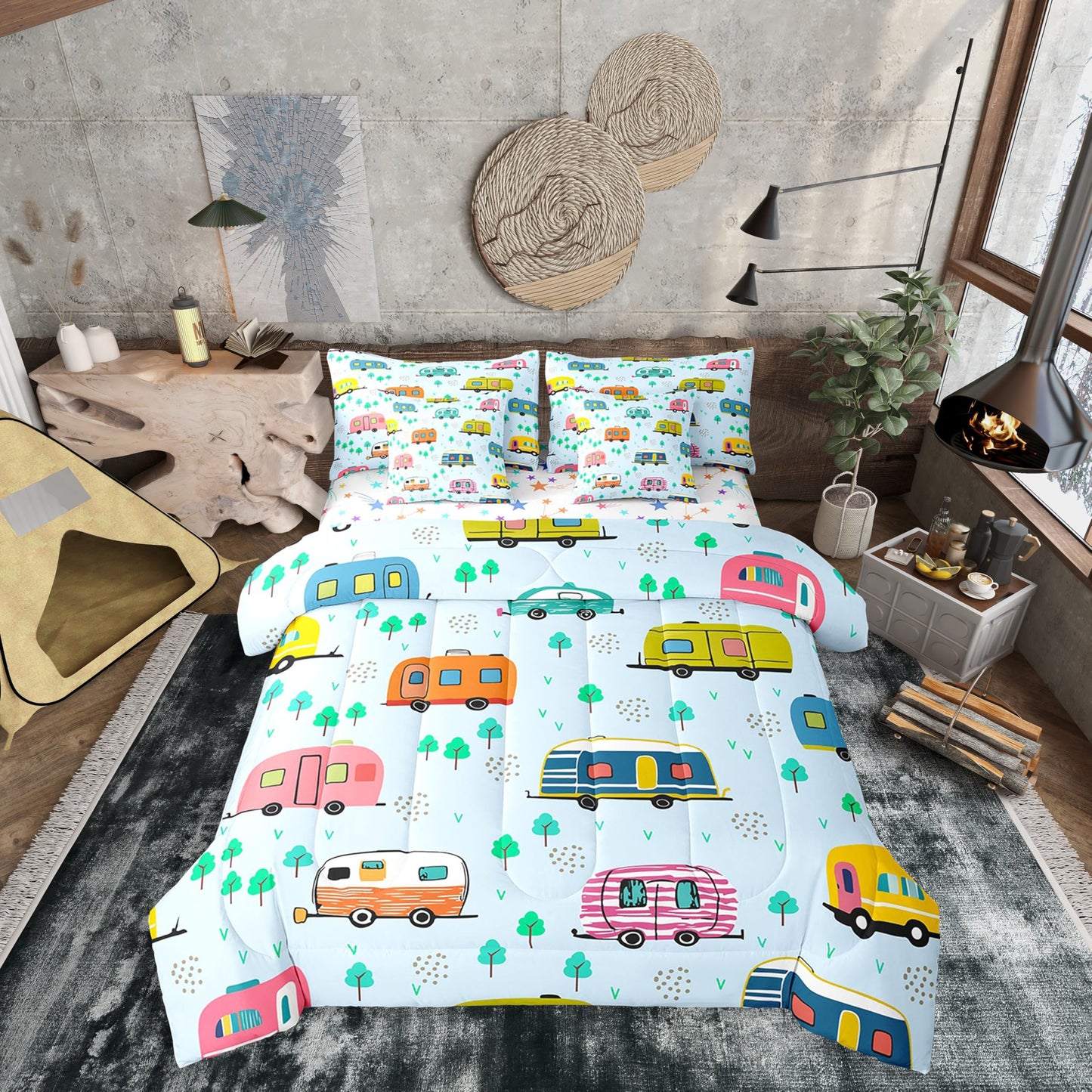 Erosebridal Travel RV Comforter Set Twin Size,Happy Camping Bedding Set for Kids Teens,Cartoon Trees (Comforter+Fitted+Flat Sheet+2 Pillowcases+2 Throw Pillow Covers) 7 Pieces Bed Set