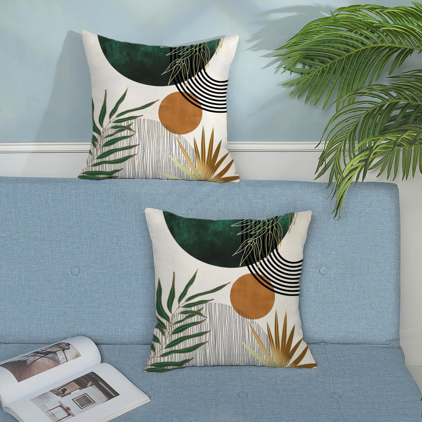 Yxuiyal Boho Pillow Covers 18x18 Set of 2 Green Gold Throw Pillow Covers Outdoor Decorations Mid Century Bohemian Style Tropical Leaves Pillowcase Farmhouse Decorative Cushion Case for Home Couch