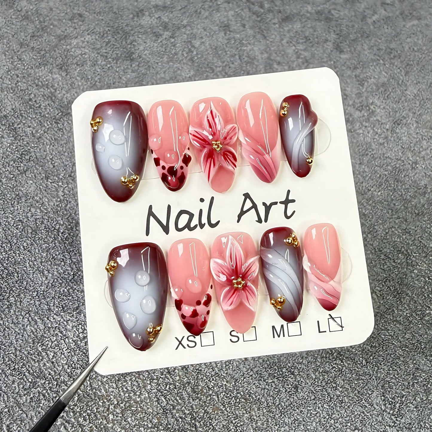 Handmade Press On Nails Almond Pink Homemade Press On Nails French Tip With 3D Design Fake Nail Art For Women M