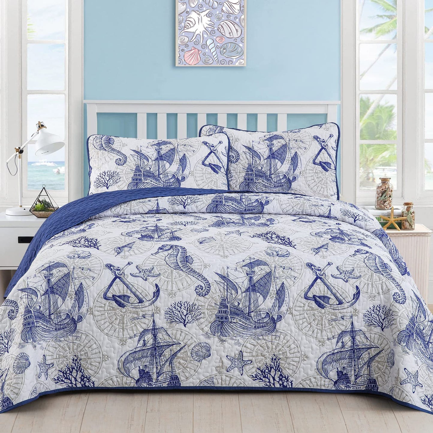 DJY Blue Quilt Set King Nautical Beach Quilt Coverlet Set Coastal Seahorse Bedspread with 2 Pillow Shams Lightweight Coastal Bedding Quilt Set for Adults Teens Kids (3 Pieces, 90"x104")