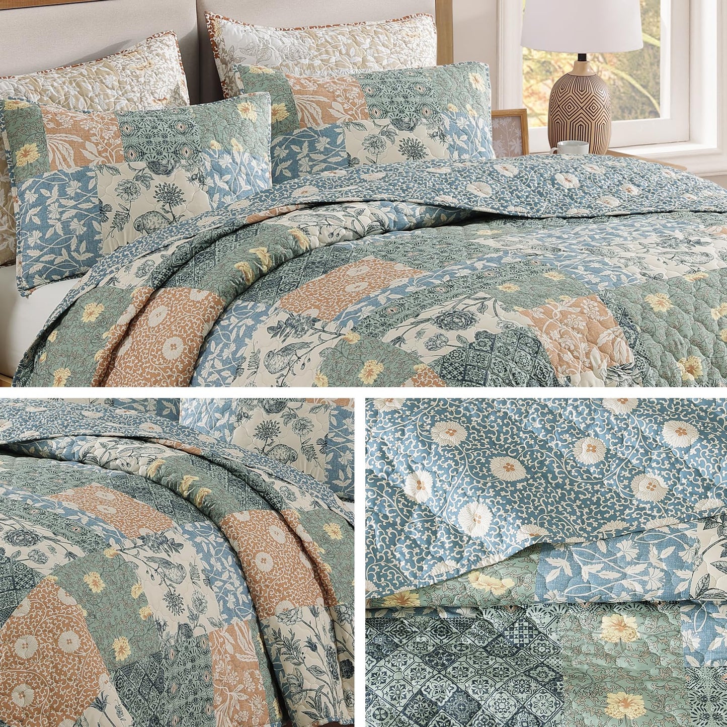 CASAAGUSTO Queen Quilt Set - 3 Pieces Patchwork Green Quilt Bedding Set, Lightweight Queen Bedspread Coverlet, Reversible Floral Bed Cover for All Seasons (90"x94", 1 Quilt + 2 Pillow Shams)
