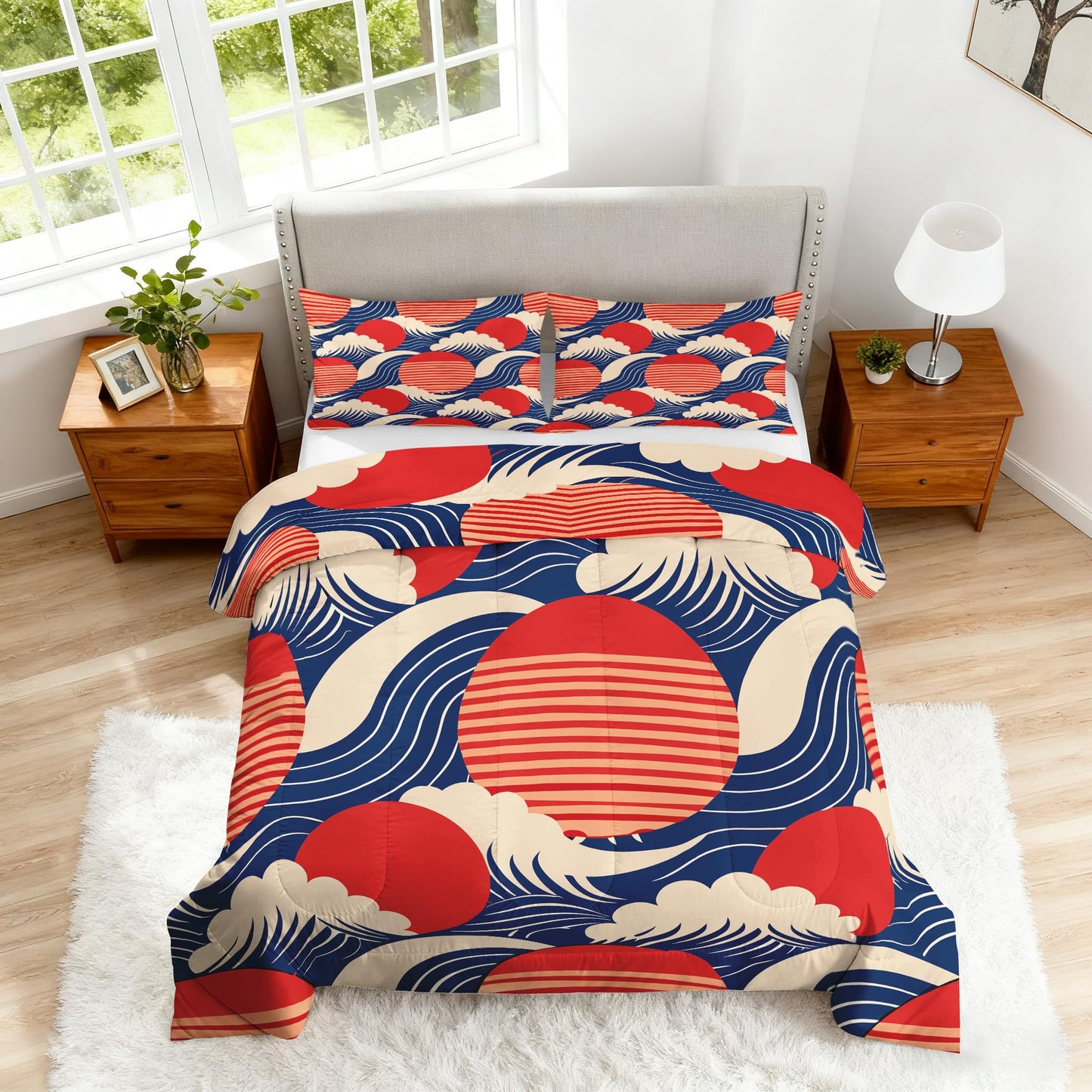 ZDABAOEC Japanese Wave Twin Comforter Set 2 Piece, 1 Pillow Sham, Asian Oriental Japan Style Reversible Down Alternative All Season Bedding, Soft Microfiber, Japanese Wave Bedroom Decor