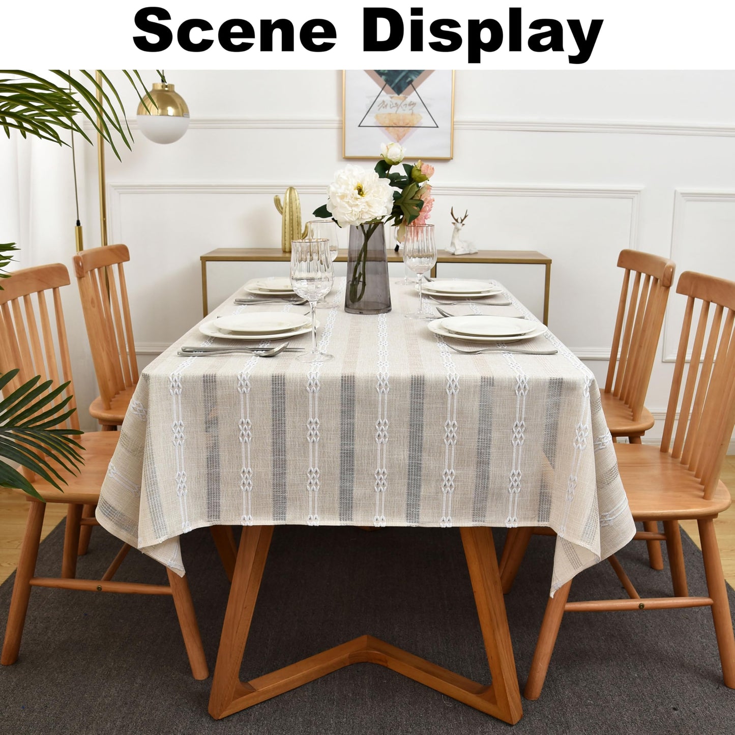 Limalred Rustic Striped Embroidery Rectangle Tablecloth, Openwork Heavy Weight Linen Wrinkle Resistant Table Cloth Coffee Table Cover for Kitchen Party Banquet Decor 36x55 Inch Beige