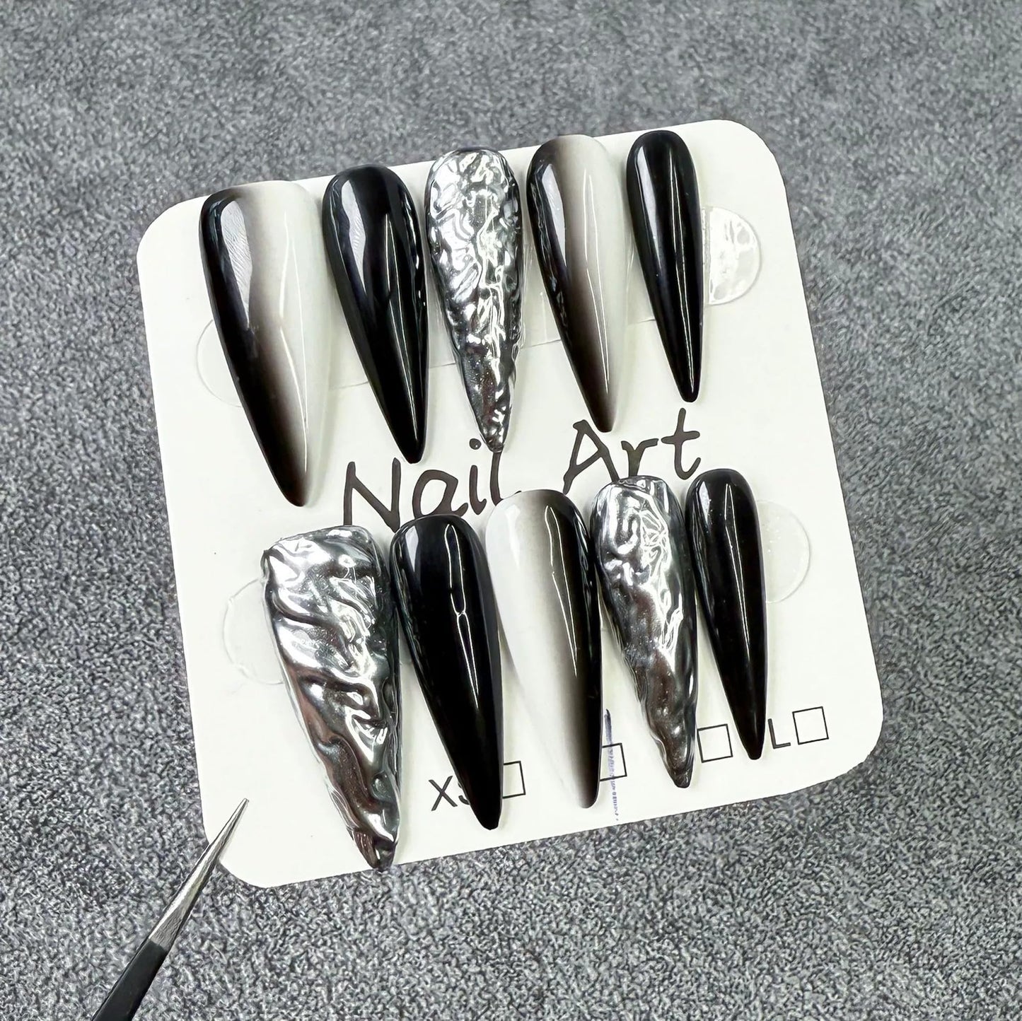 10Pcs Handmade Press on Nails Long Stiletto Glue on Nails Black White Ombre Fake Nails with 3D Swirl Designs False Nails Chrome Acrylic Nail Sparkly Stick on Nail for Women (Size M)