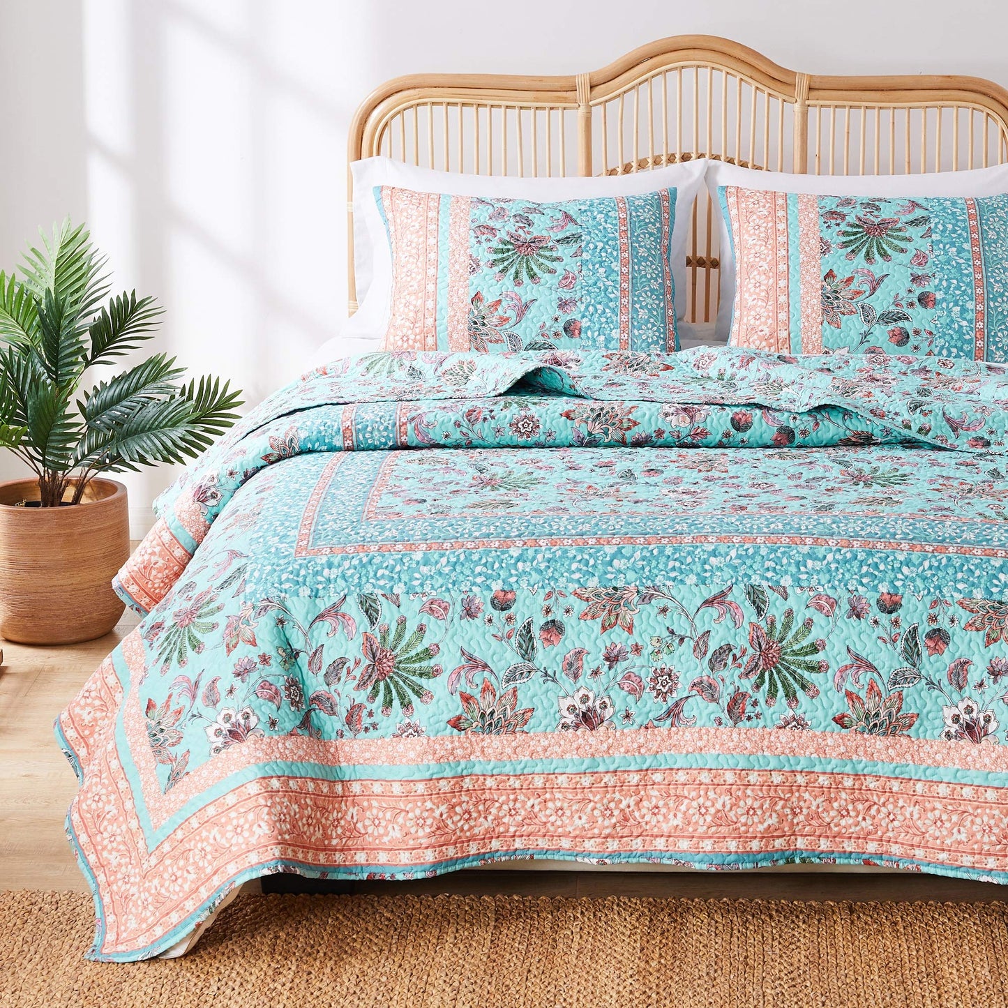 Greenland Home Barefoot Bungalow Audrey Reversible Quilt Set, 3-Piece Full/Queen, Turquoise