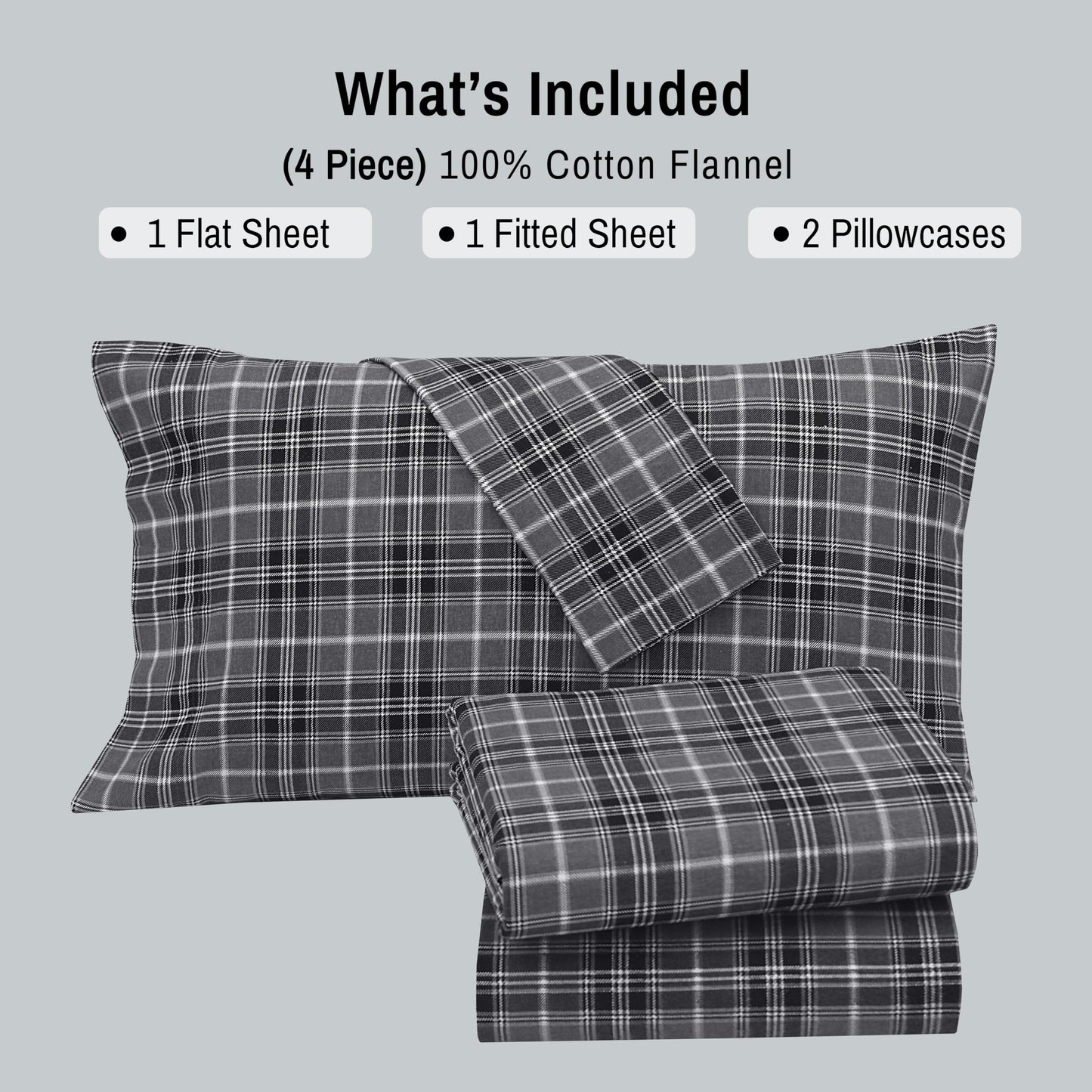 RUVANTI Flannel Sheets Queen Size - 100% Cotton Double Brushed Bed Sheets, Deep Pockets 16 Inches Queen Sheet Set, All Seasons Breathable & Extra Soft - Warm & Cozy, 4 Piece, Grey Plaid