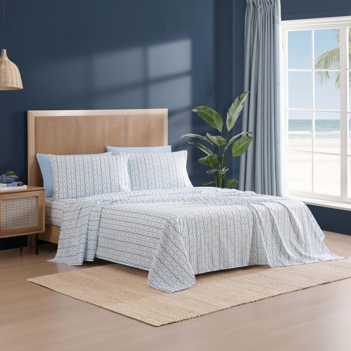 Caribbean Joe 6-Piece Sheet Set with Cooling Pillowcases, 12-inch Deep Pockets, Tropical Beach Coastal Design, Queen, Wavy Coastal Shells