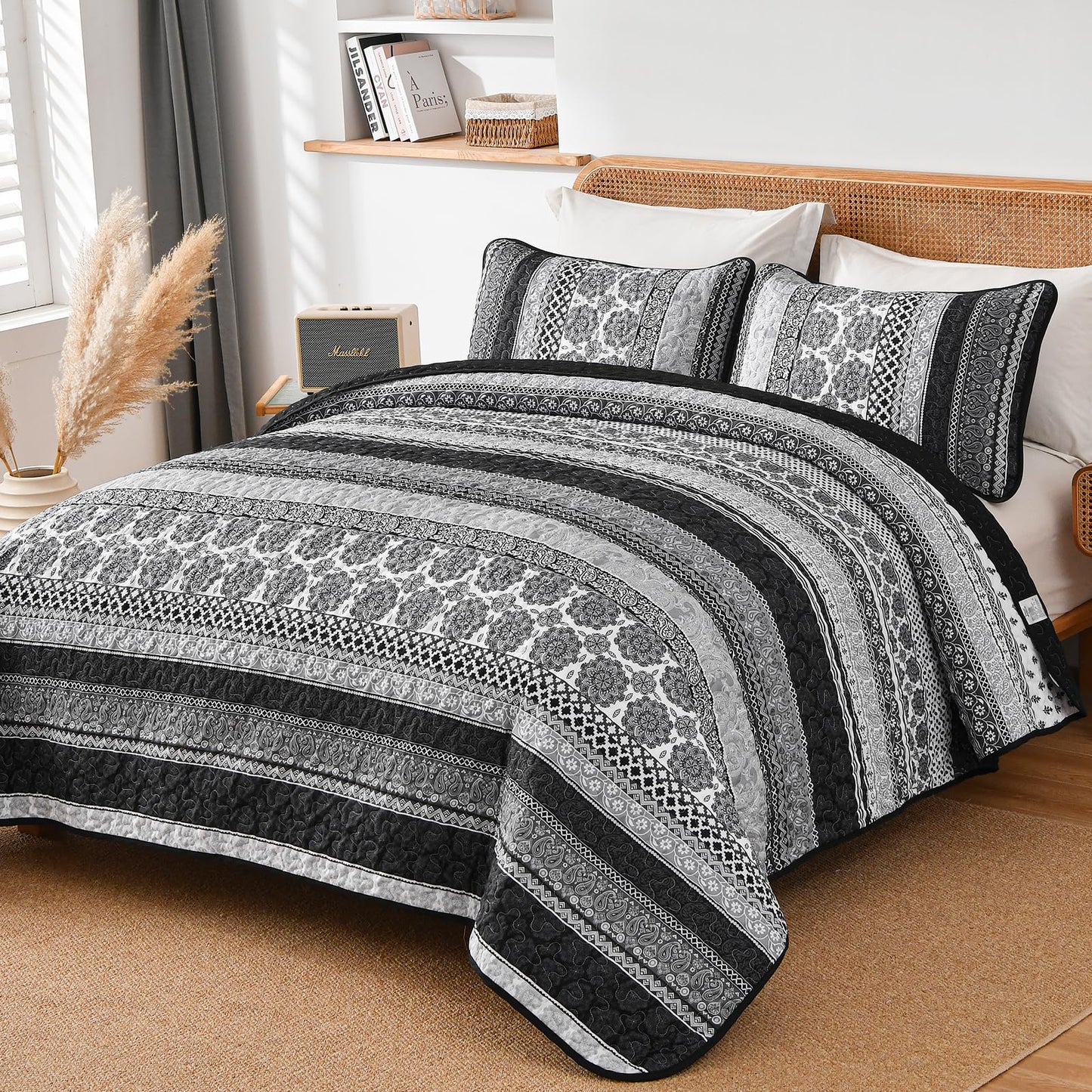 WONGS BEDDING Boho Quilt Set King Size, Grey Bohemian 3 Pieces Quilt Sets, Lightweight Bedspread Coverlet Bedding Set for All Season (104"x90")