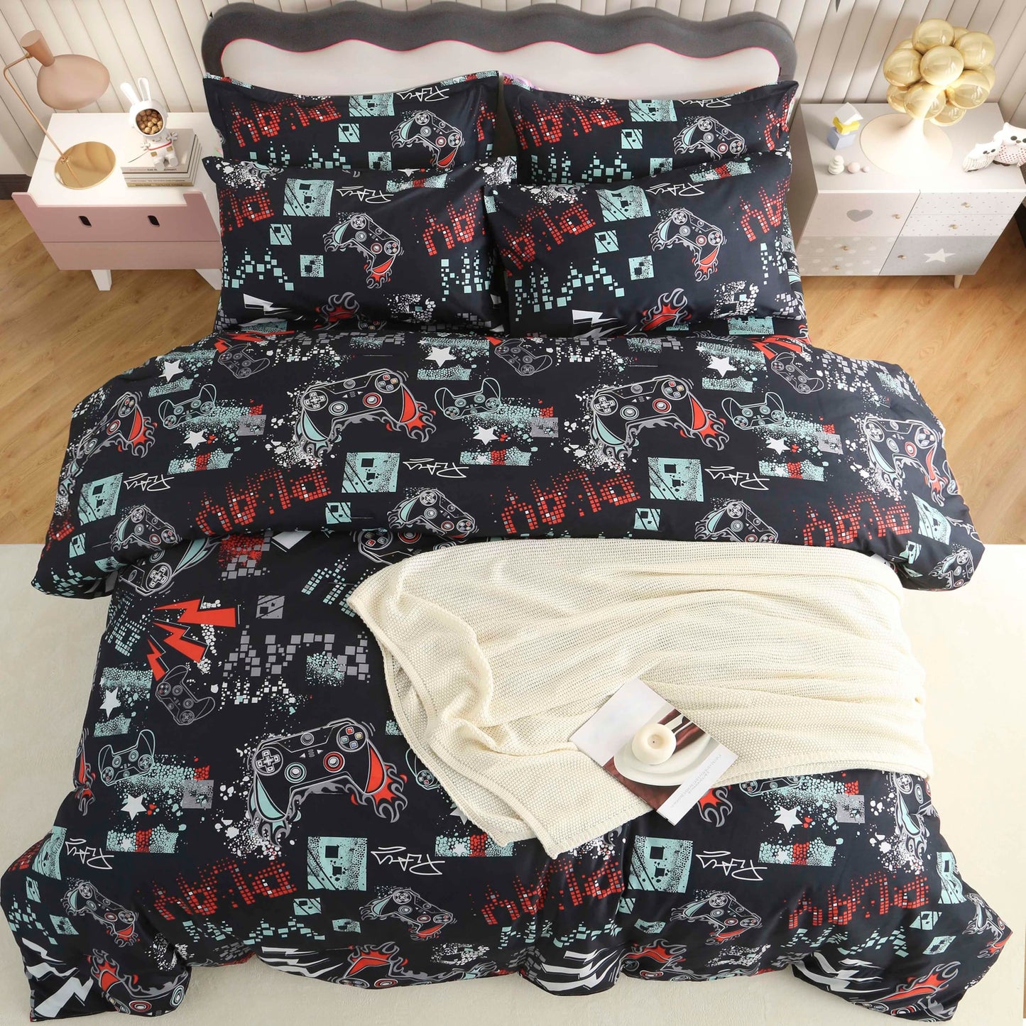 SDY 7PCS Twin Size Gaming Bedding Set - Soft Video Game Comforter Set for Boys, Girls & Kids, Gamer Themed Bed Set with Comforter, Sheets & Pillowcases