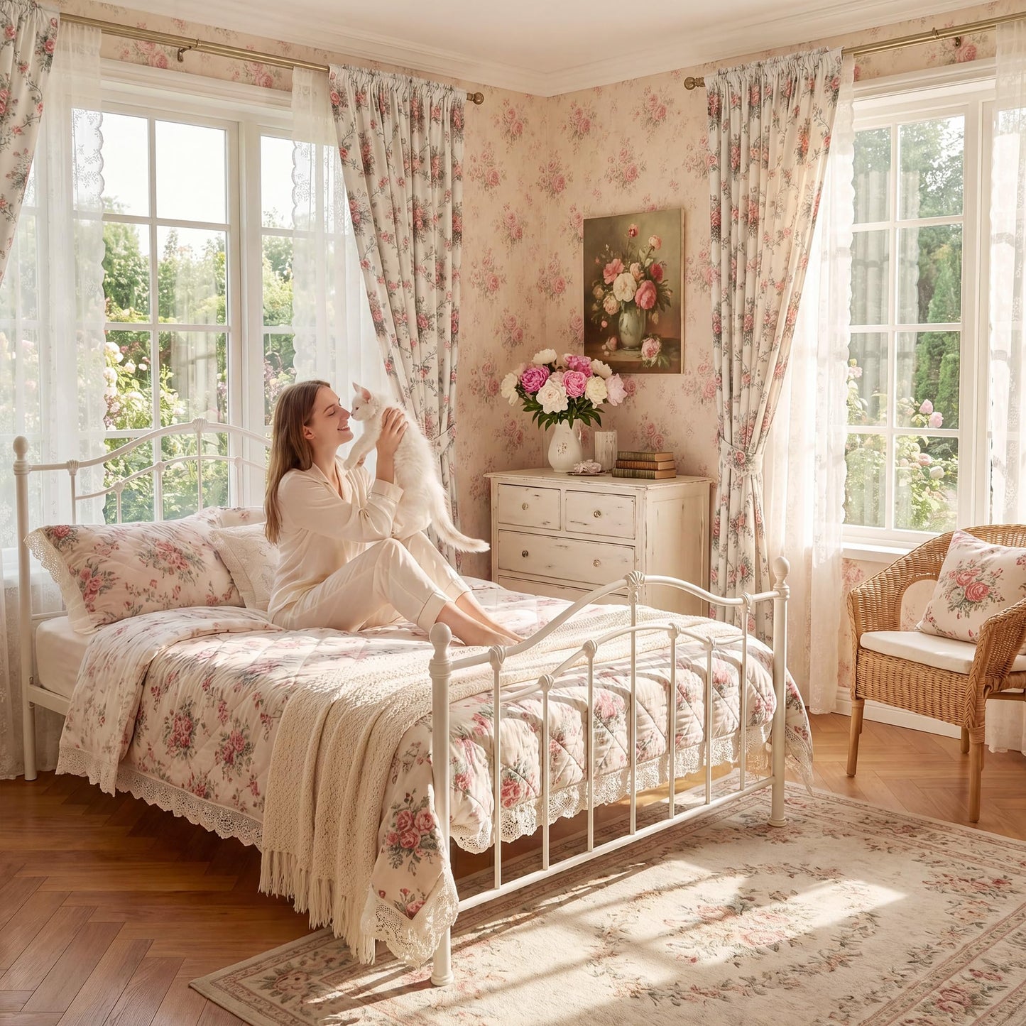 StangH French Country Rose Floral Velvet Curtains, Cream Shabby Chic Ribbon Bow Printed Window Drapes Romantic Privacy Panels for Girls Room Nursery, W52 x L84, 2 Panels