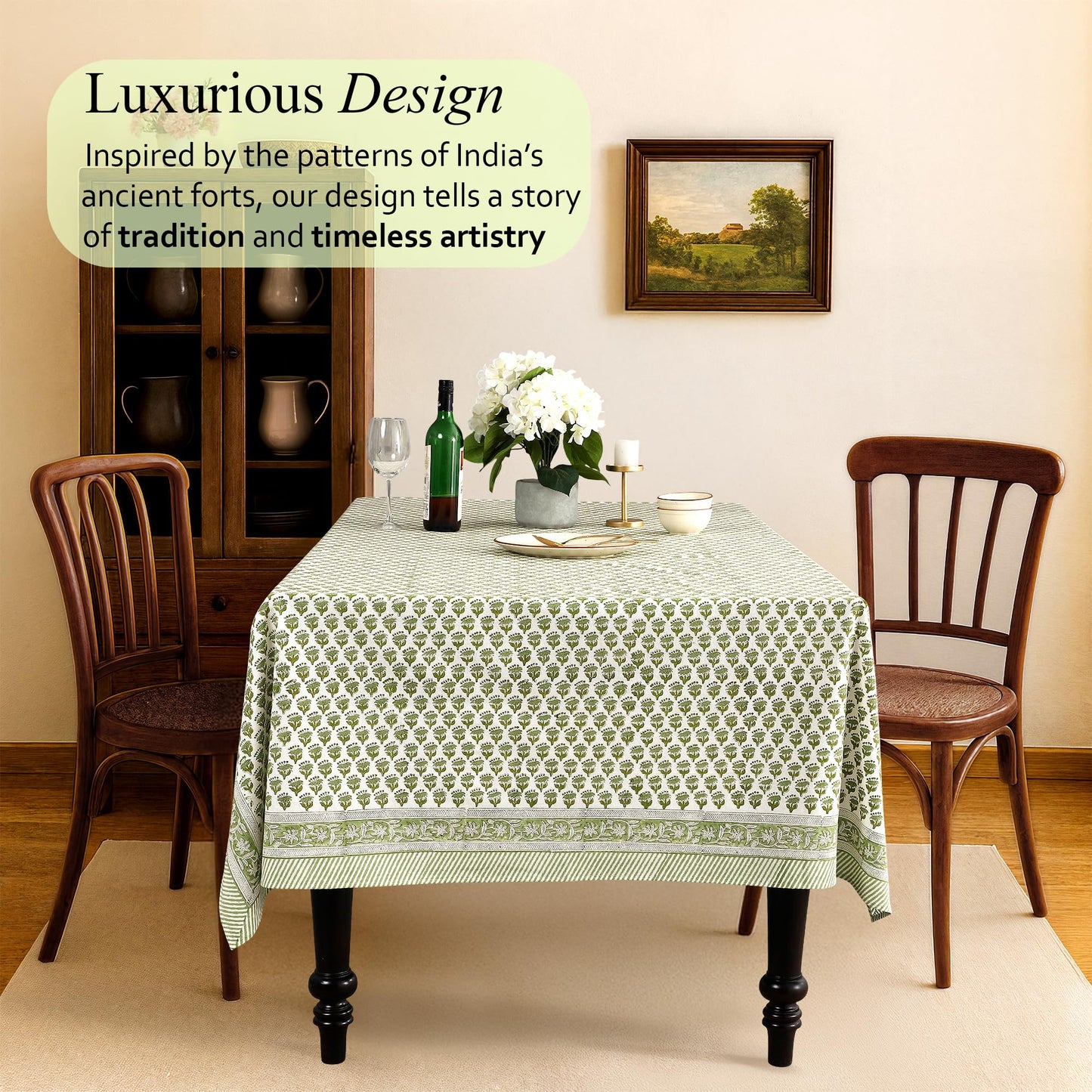 CPC Tablecloth 100% Cotton 60x60 Inch Indian Block Print Square Table Cover, Table Cloth for Weddings, Spring/Summer, Barbeque - Emerald Green