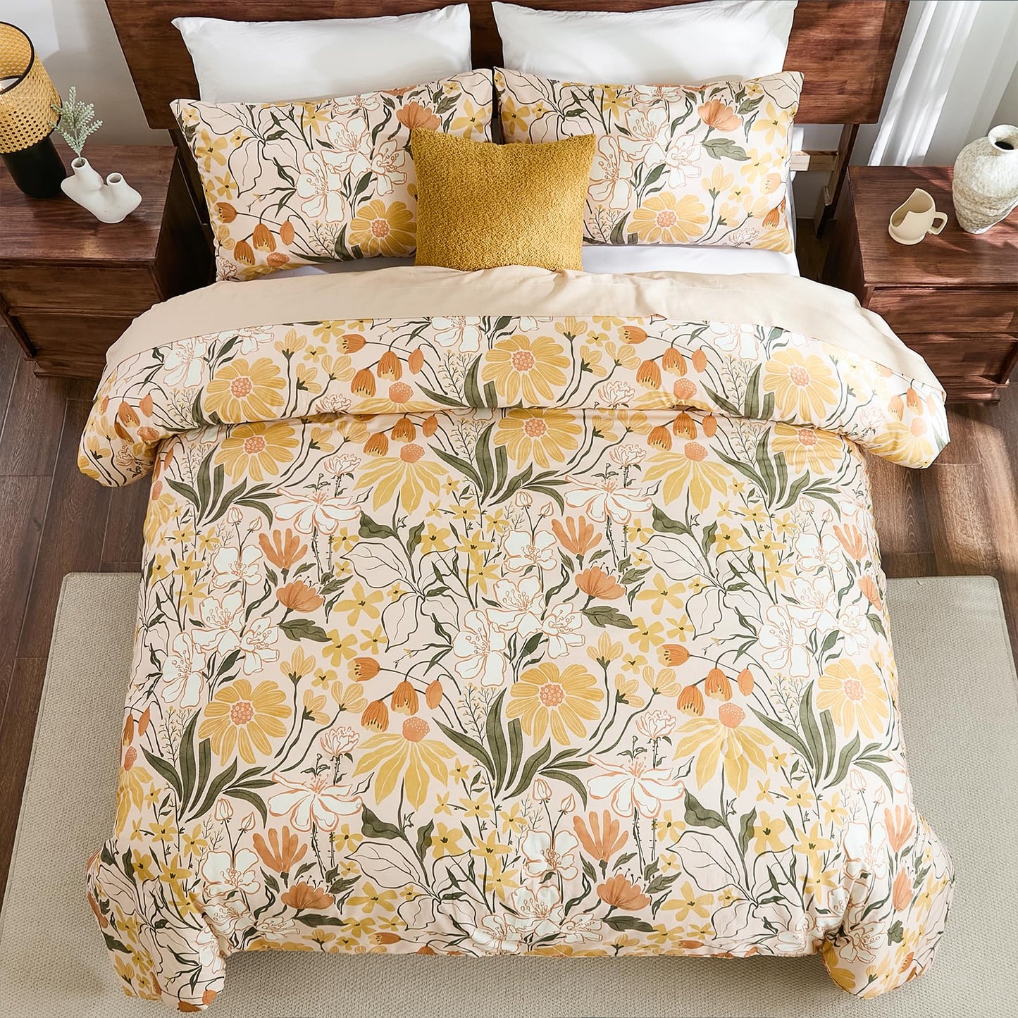 Bedorm 100% Cotton Comforter Set Queen Floral Bedding Set Yellow Flower Green Leaf Print French Country Bedding Extra Soft & Breathable Bedroom Comforter