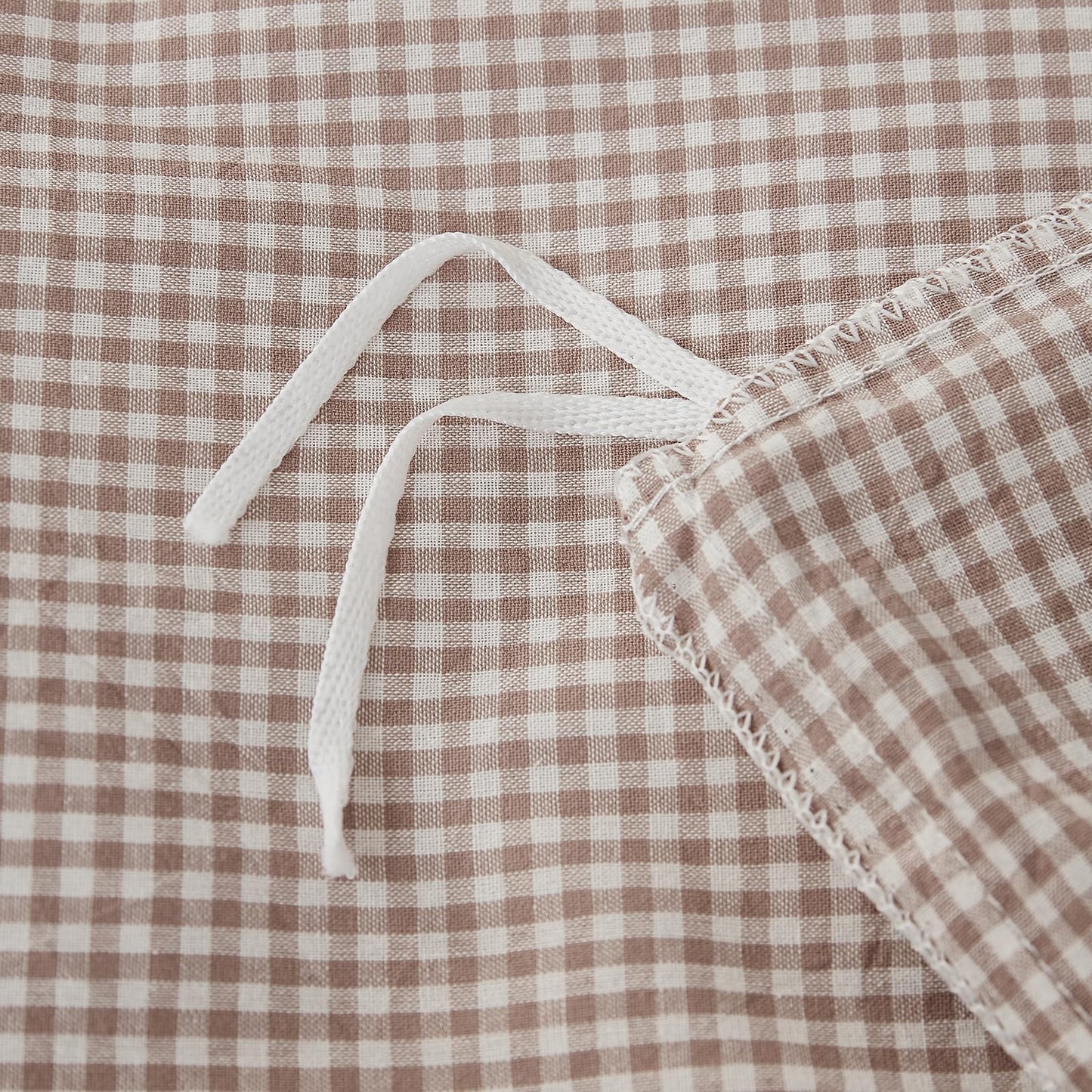 VM VOUGEMARKET Tan Paid Duvet Cover Queen 100% Washed Cotton Like Linen Bedding Set Soft Breathable 3 Piece Mini Gingham Checkered Comforter Cover Set (Queen 90"x90", Comforter Not Included)