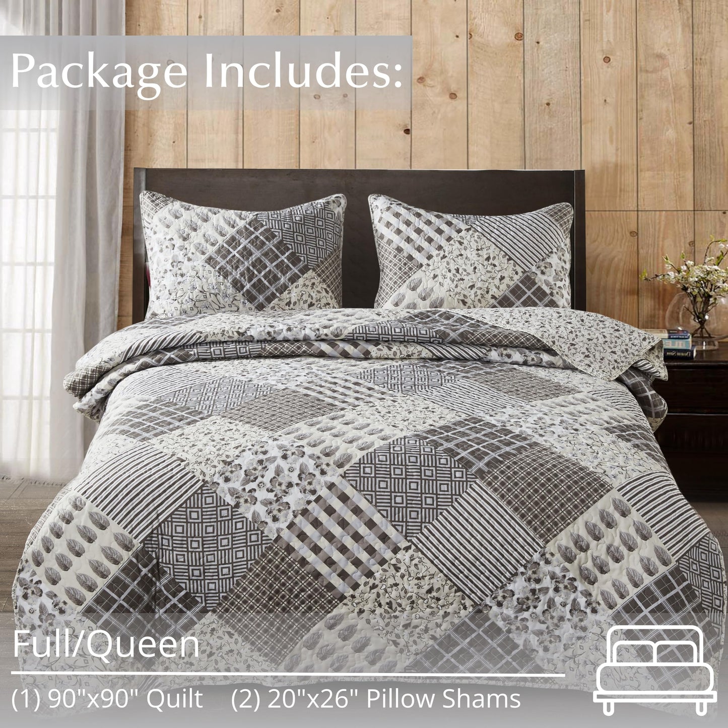 Virah Bella Quilt Bedding Set in Full/Queen Phyllis Dobbs Charming Grays Printed Lightweight Reversible Quilt with 2 Matching Pillow Shams - Cozy & Beautiful Contemporary-Themed Bedding