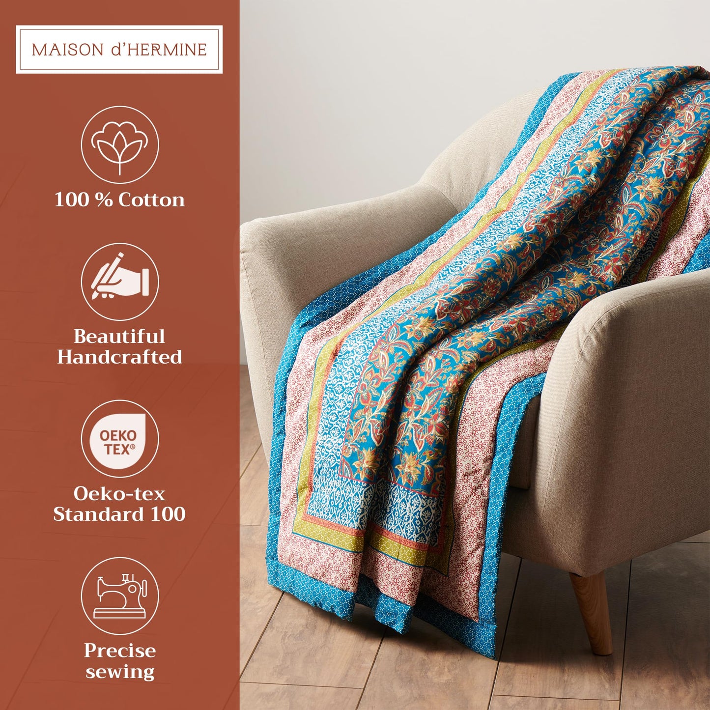 Maison d' Hermine Throw Blanket for Couch Lightweight Soft Warm Breathable Cotton Throw Blankets for Bed Girls Boys Women Men Gifts Travel Living Room Spring Summer (Kerala - Blue, 60" X 80")