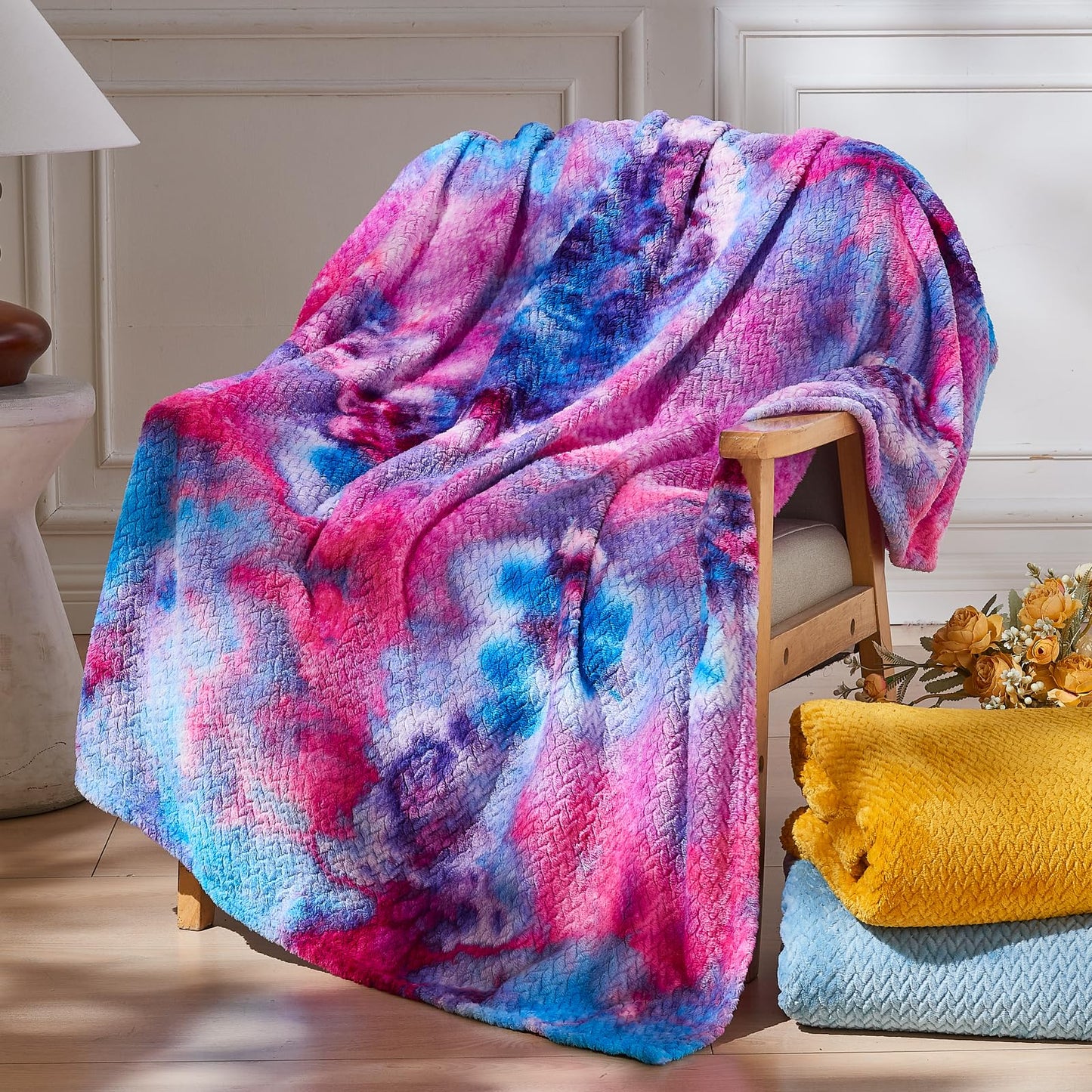 NEWCOSPLAY Super Soft Throw Blanket Deep Purple Rainbow Premium Silky Flannel Fleece Leaves Pattern Lightweight Bed Blanket All Season Use (Deep Purple Rainbow, Throw(50"x60"))