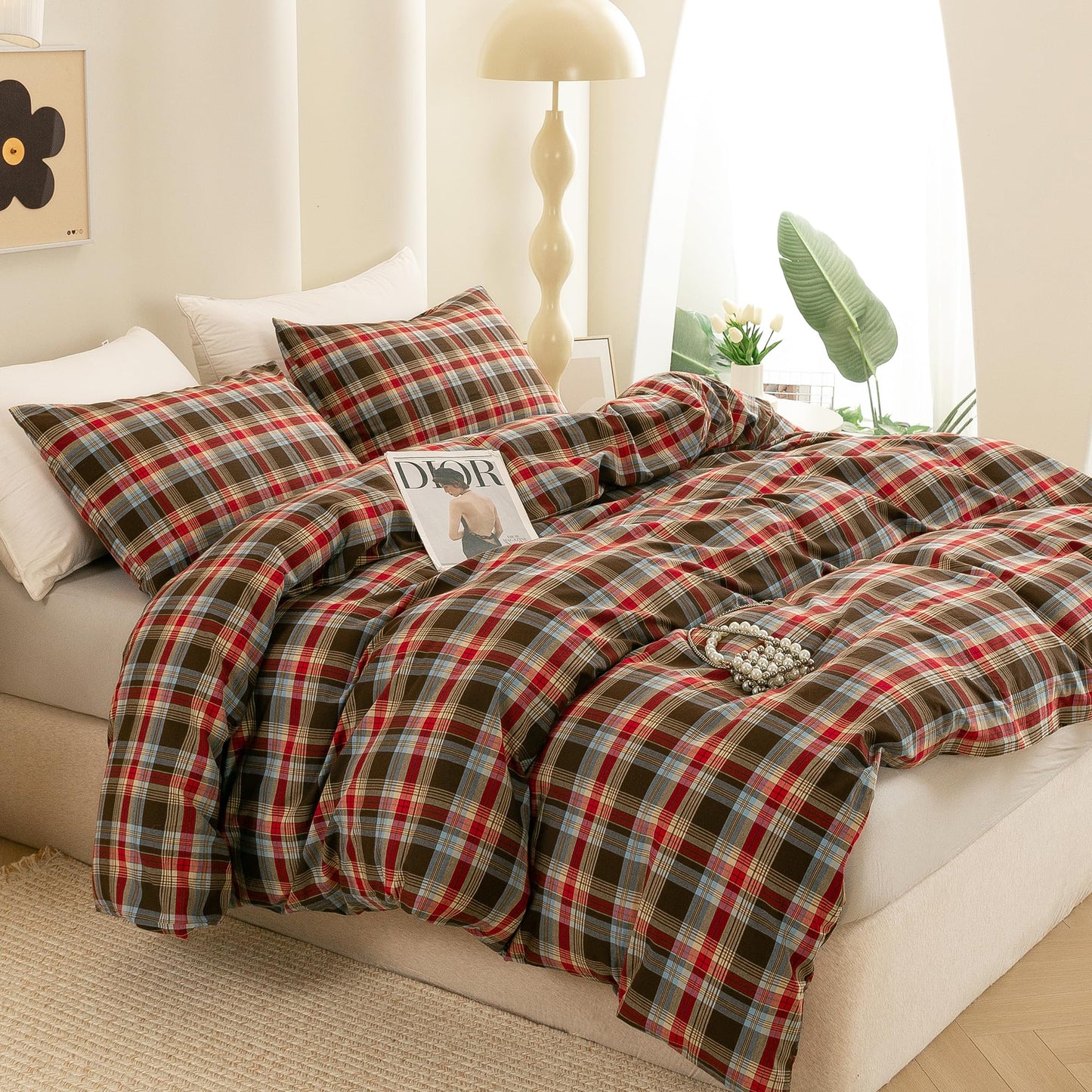 ECOCOTT Buffalo Plaid Duvet Cover Queen Size– 3 Piece Washed Cotton Bedding Set with Classic Checkered Pattern, Red & Brown Duvet Cover with Pillowcases for All Seasons