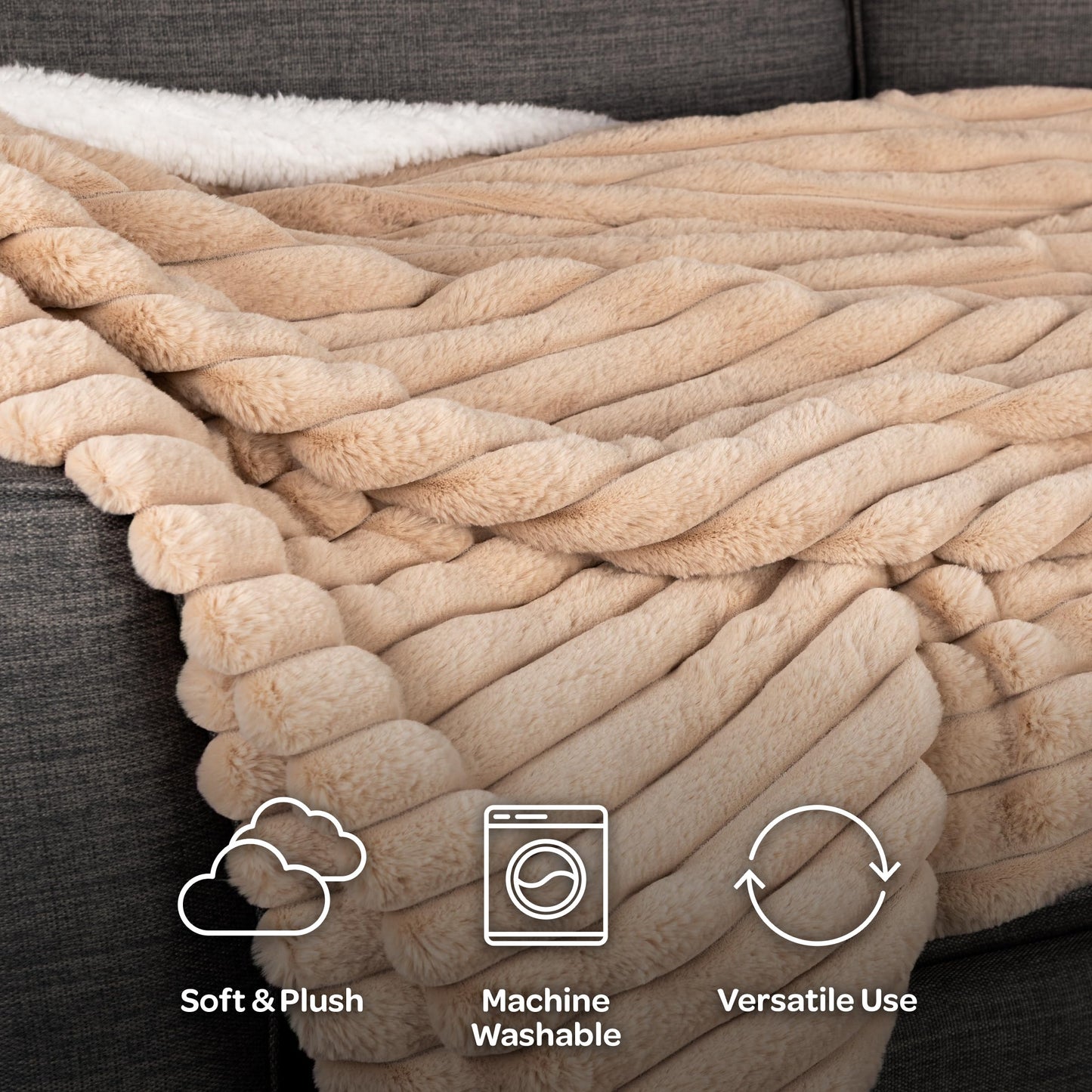 Lavish Home Faux Fur Throw Blanket - 60x70-Inch Twin Blanket for Couch, Bed, or Chair - Soft Throw with Plush Faux Rabbit Fur and Warm Sherpa for Living Room, Bedroom, and Home Decor (Taupe)