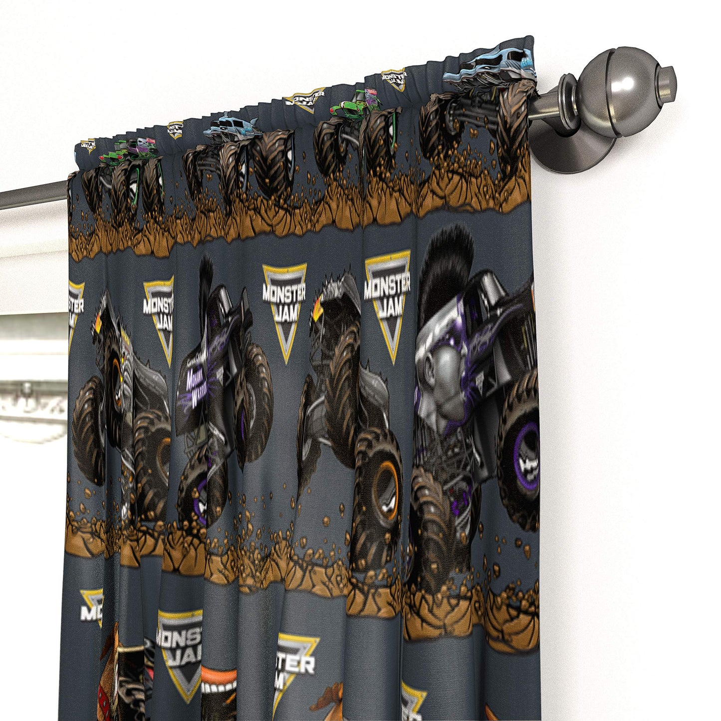 Jay Franco Monster Jam Kids Curtains, 4-Piece Drape Set with 2 Tiebacks, 42" W x 63" L Rod Pocket Window Drapes, Super Soft Microfiber, Light Filtering, Machine Washable (Officially Licensed)