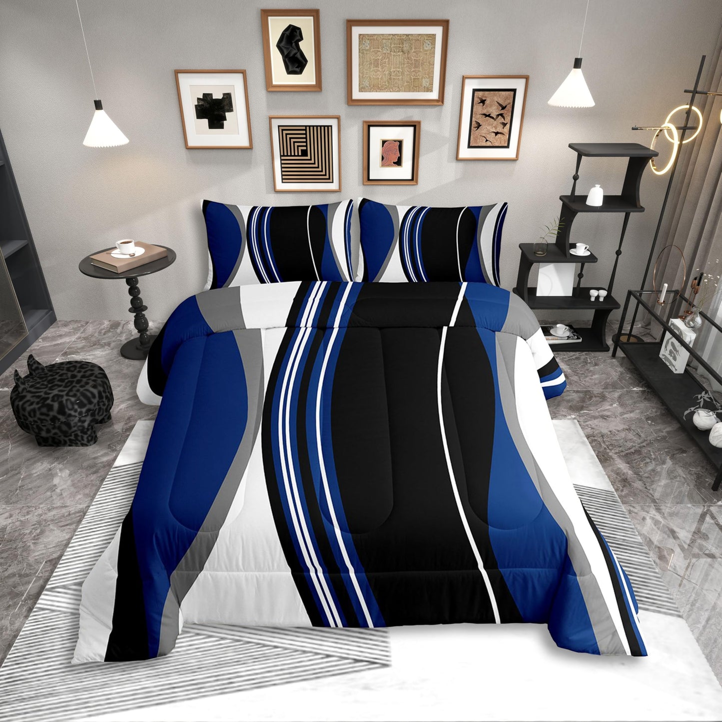 Erosebridal Blue Black Abstract Queen Comforter Set for Adult Women Men Grey Modern Striped Bedding Set Geometric Stripes Lines Bed Set Contemporary Art Boho Quilt Set for Minimalist