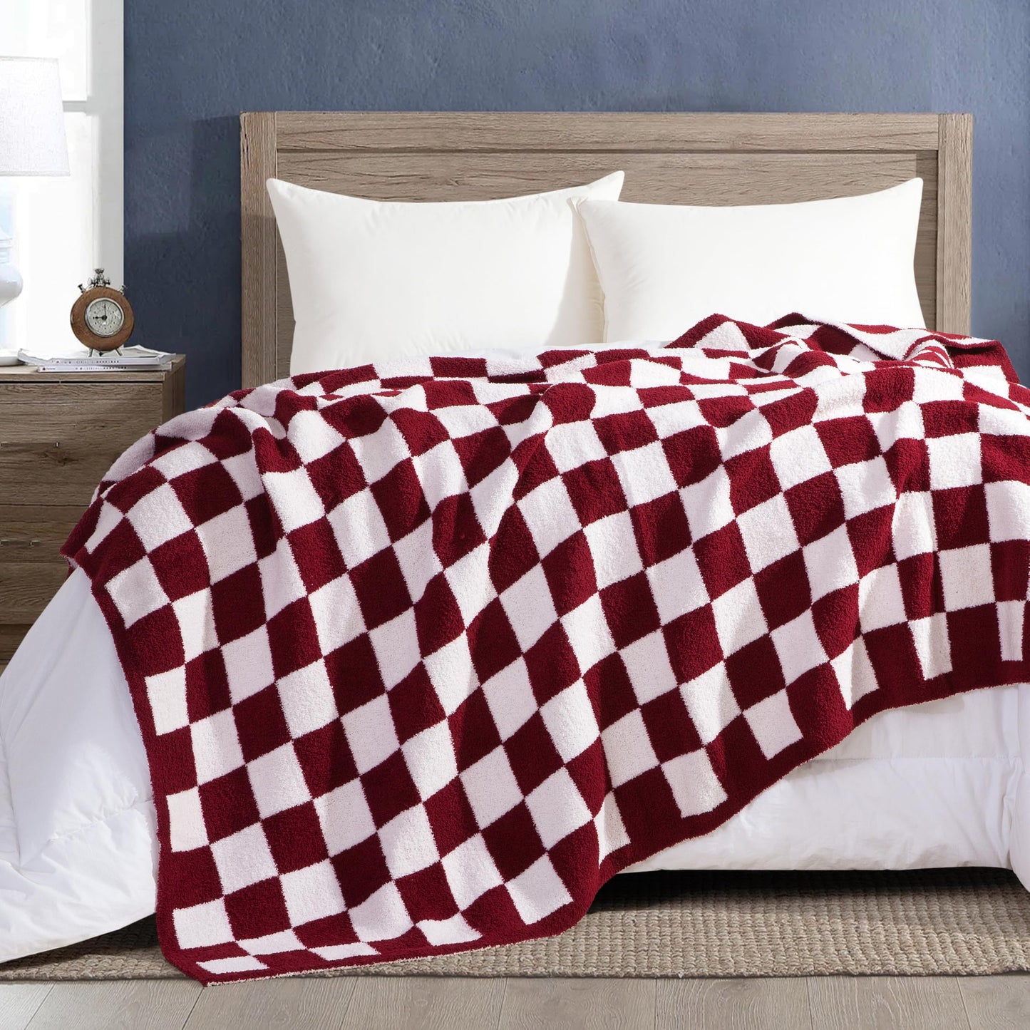 Elegant Comfort Checkered Throw Blanket, Burgundy Super Soft Cozy Fluffy Warm Throw Blankets for Couch, Sofa, Chair, Bed, Camping, Picnic, Travel Lightweight Bed Blanket (50" x 70")
