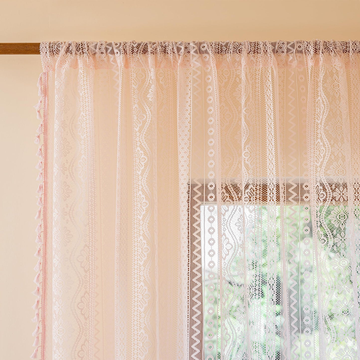 MYSKY HOME Pink Sheer Lace Curtains 2 Panels 63 inch Length for Girls Room Nursery Boho Vintage Floral Crochet Pattern Privacy Rod Pocket Tassels Small Windows Curtains, Wide 55 inch, 2 PCs