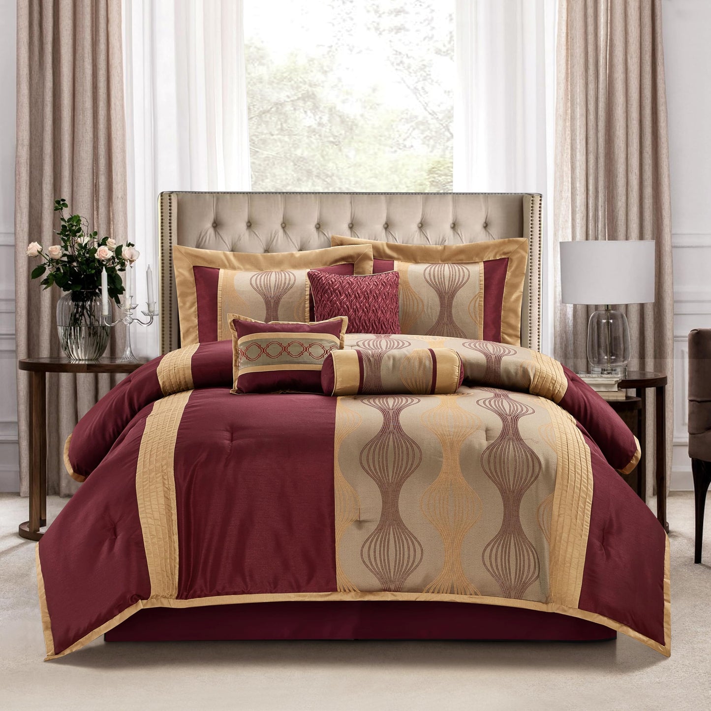 Stratford Park Wine Gold 7 Pieces Lightweight Microfiber Bed-in-a-Bag Comforter Bedding Set, Jacquard Queen Comforter Set, All Season Bedroom Home Décor