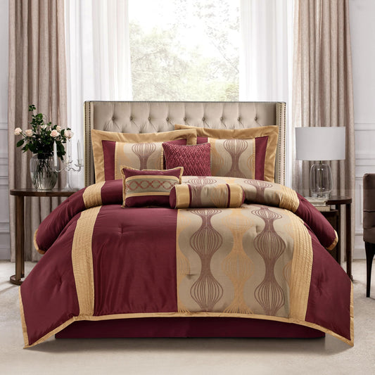 Stratford Park Wine Gold 7 Pieces Lightweight Microfiber Bed-in-a-Bag Comforter Bedding Set, Jacquard Queen Comforter Set, All Season Bedroom Home Décor