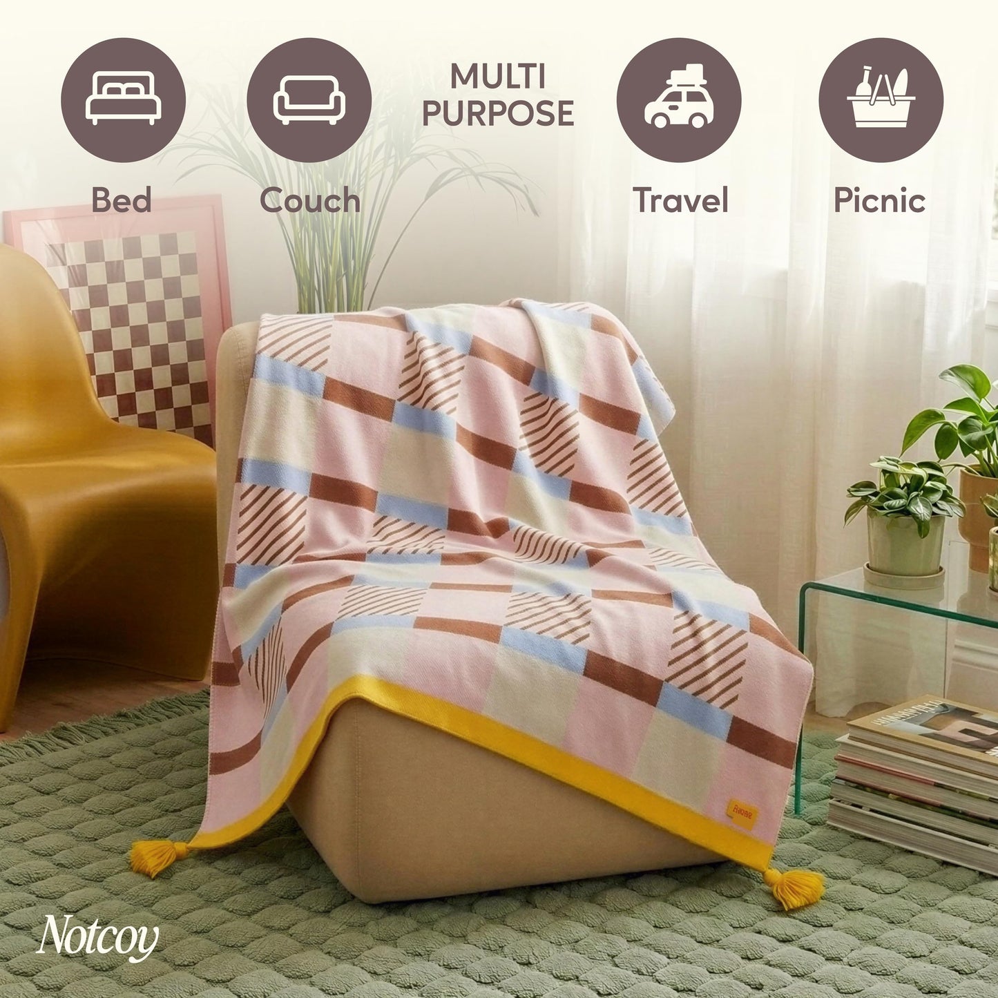 notcoy Knit Throw Blanket with Corner Tassels, Super-Soft Lightweight Acrylic Blanket for Couch Sofa and Bed, Decorative All Seasons Throw, 51x67 Inch - Pink & Brown Checkered