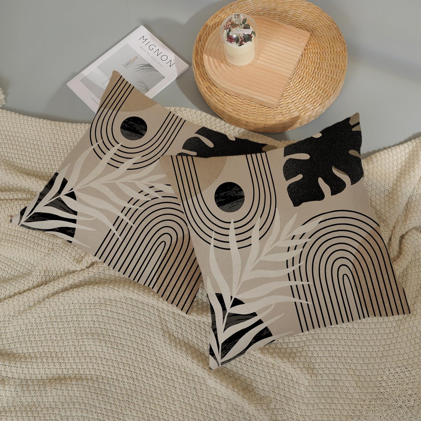 DAFENA Black Boho Pillow Covers 18x18 Inch 2 Pcs Beige Brown Tropical Leaf Mid Century Summer Outdoor Decor Throw Pillows Modern Geometry Farmhouse Decoration Pillowcase Linen Cushion Cover for Couch