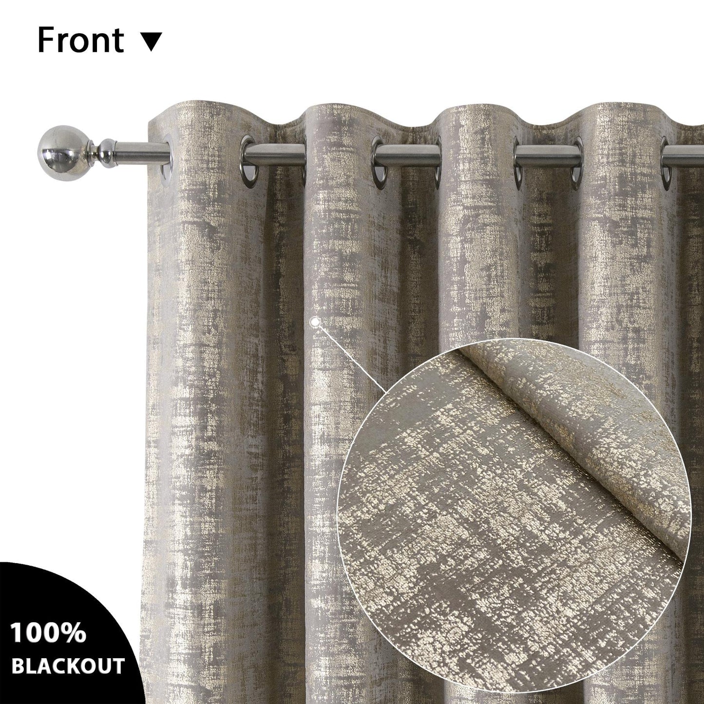 always4u 100% Blackout Soft Velvet Curtains for Bedroom Living Room Thermal Energy Saving 84 Inches Long Luxury Gold Foil Print Drapes 2 Panels Champagne
