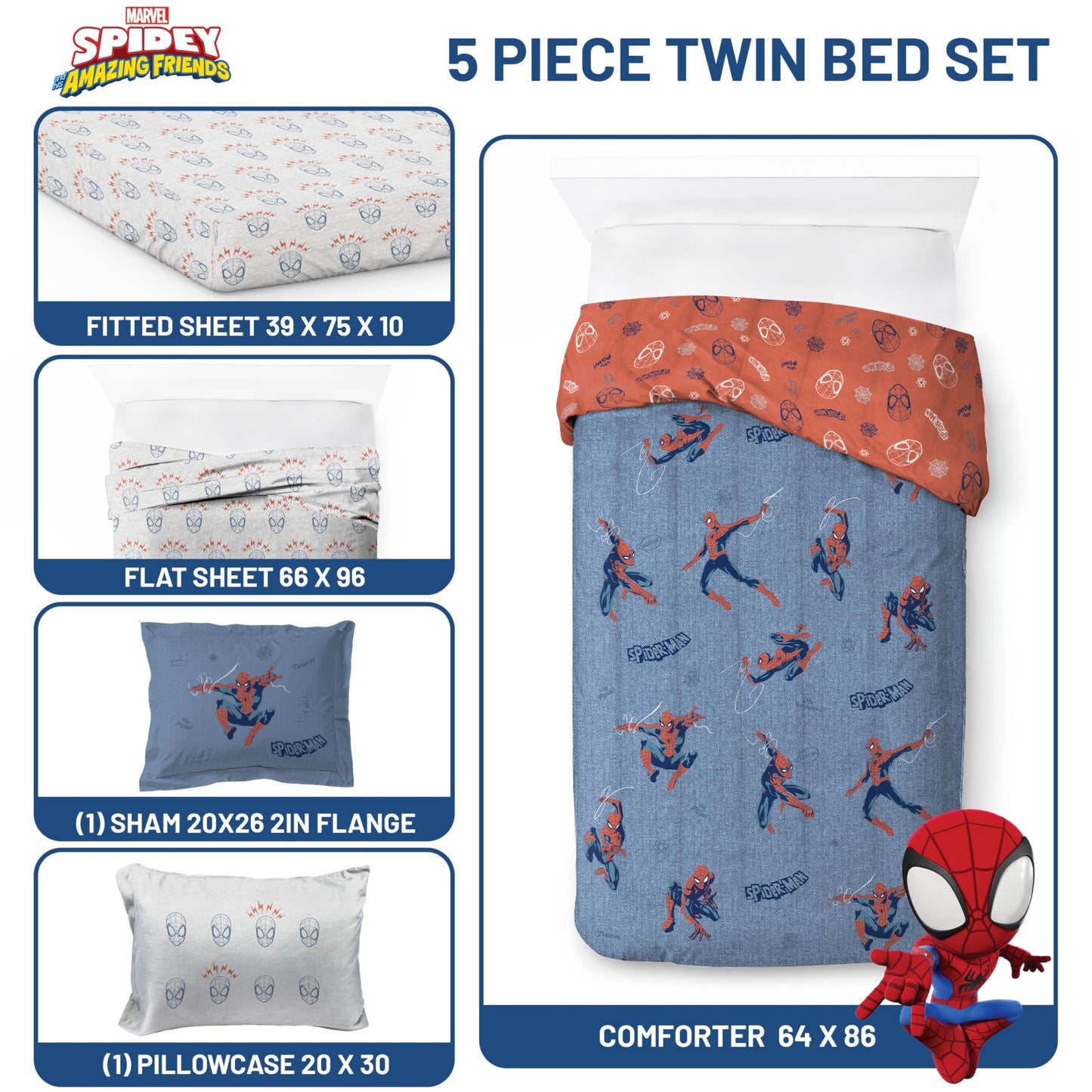 Jay Franco Kids Comforter Set Includes Sheets and Pillow Covers - Soft and Cozy Bed Set for Stylish Room Decor, Official Licensed Bedding, Blue - Spiderman, 5 Piece Twin