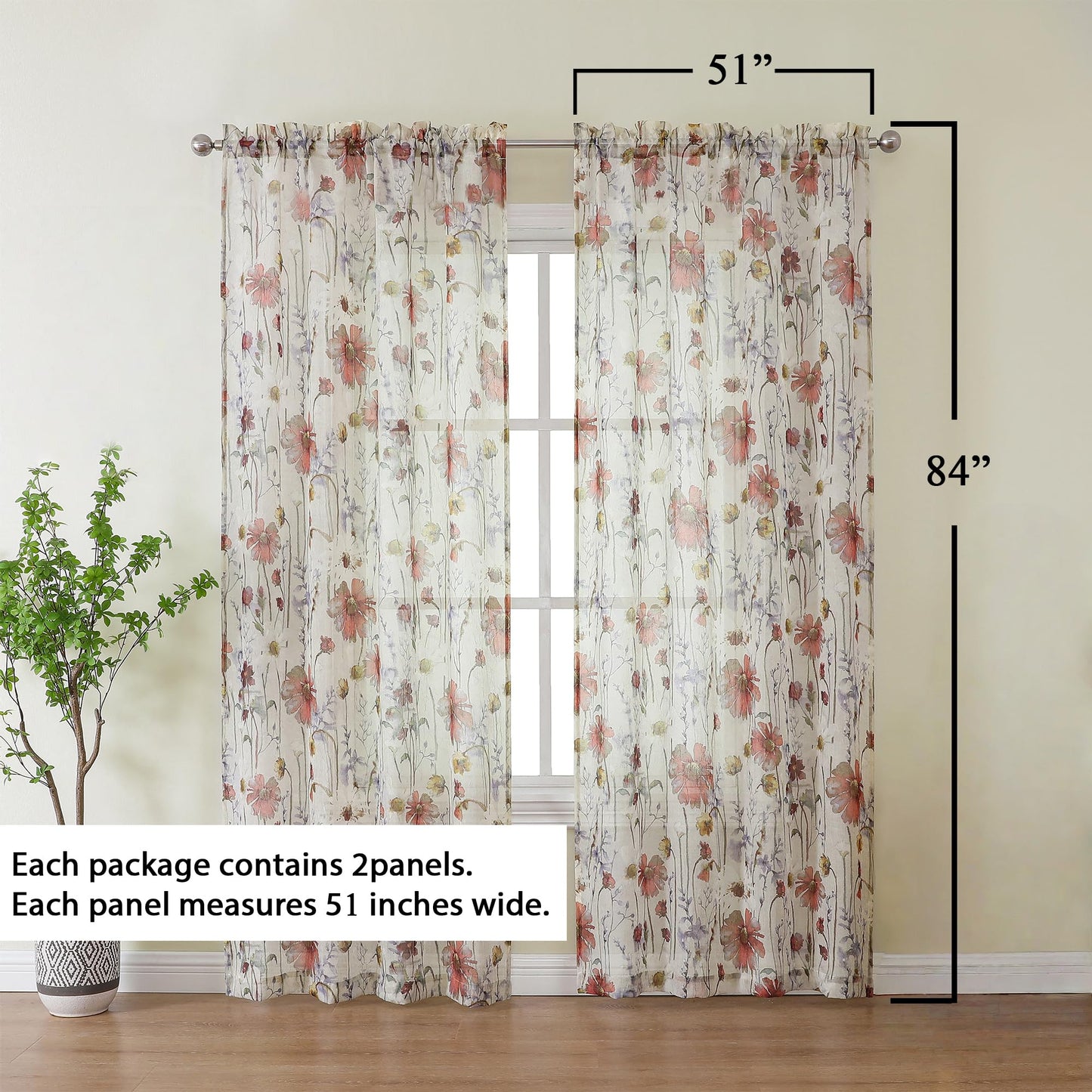 OWENIE Crushed Sheer Curtains 84 Inches Long 2 Panels Set, Sheer Floral Curtains Printed Drapes on Sheers for Living Room Bedroom, Rod Pocket Light Filtering Window Sheers (2 Panels, 51" x 84")