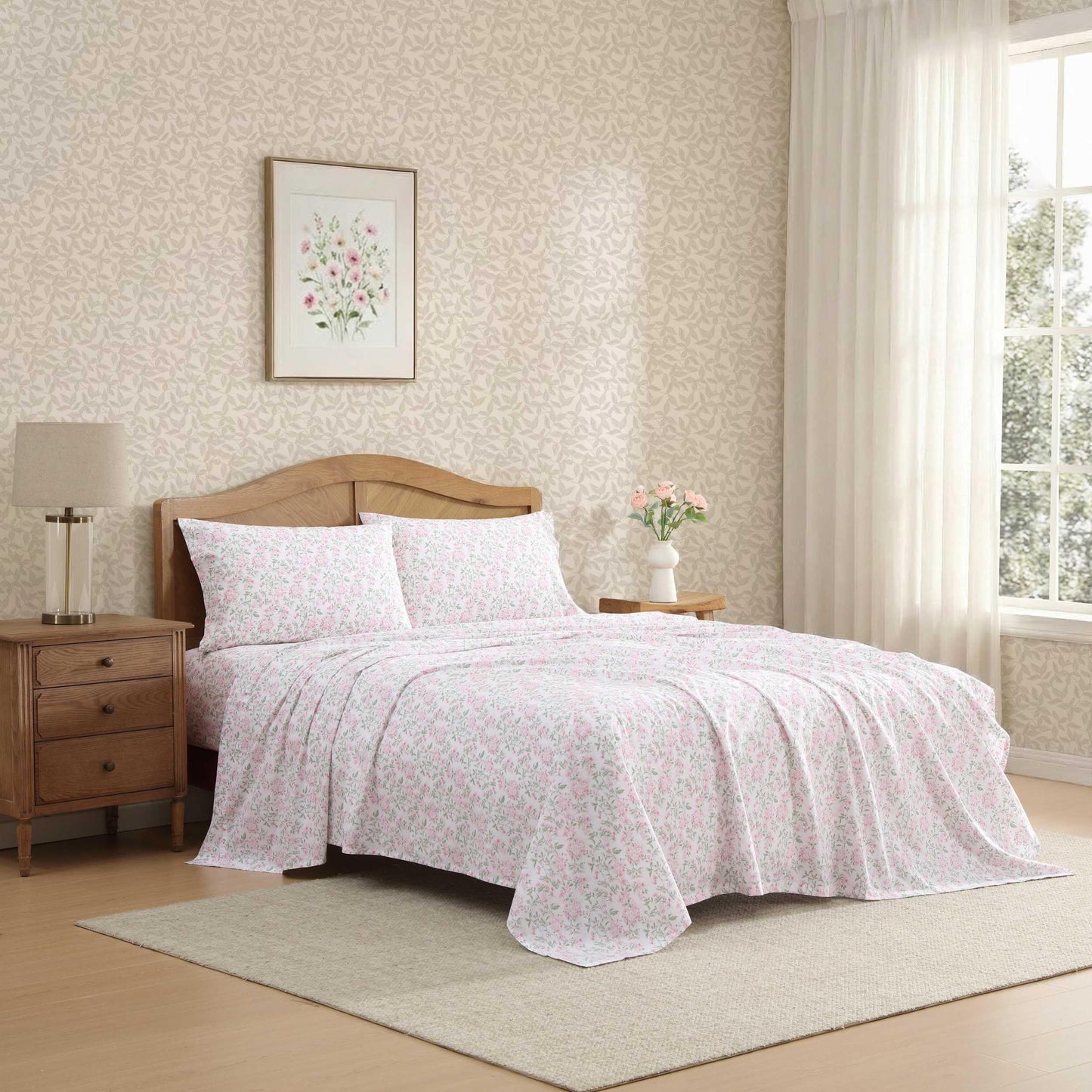 Laura Ashley - Twin Sheet Set, Crisp & Cool Cotton Percale Bedding for Year Round Comfort, Deep Pocket, Bed Sheets with Matching Pillowcase (Blossom Bliss Pink)