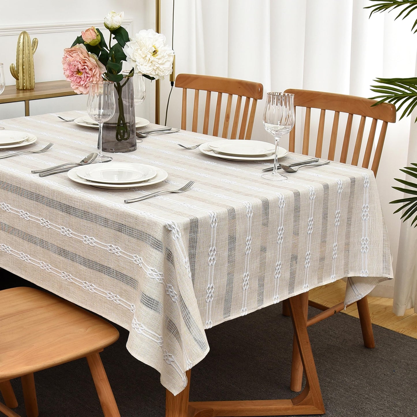 Limalred Rustic Striped Embroidery Rectangle Tablecloth, Openwork Heavy Weight Linen Wrinkle Resistant Table Cloth Coffee Table Cover for Kitchen Party Banquet Decor 36x55 Inch Beige