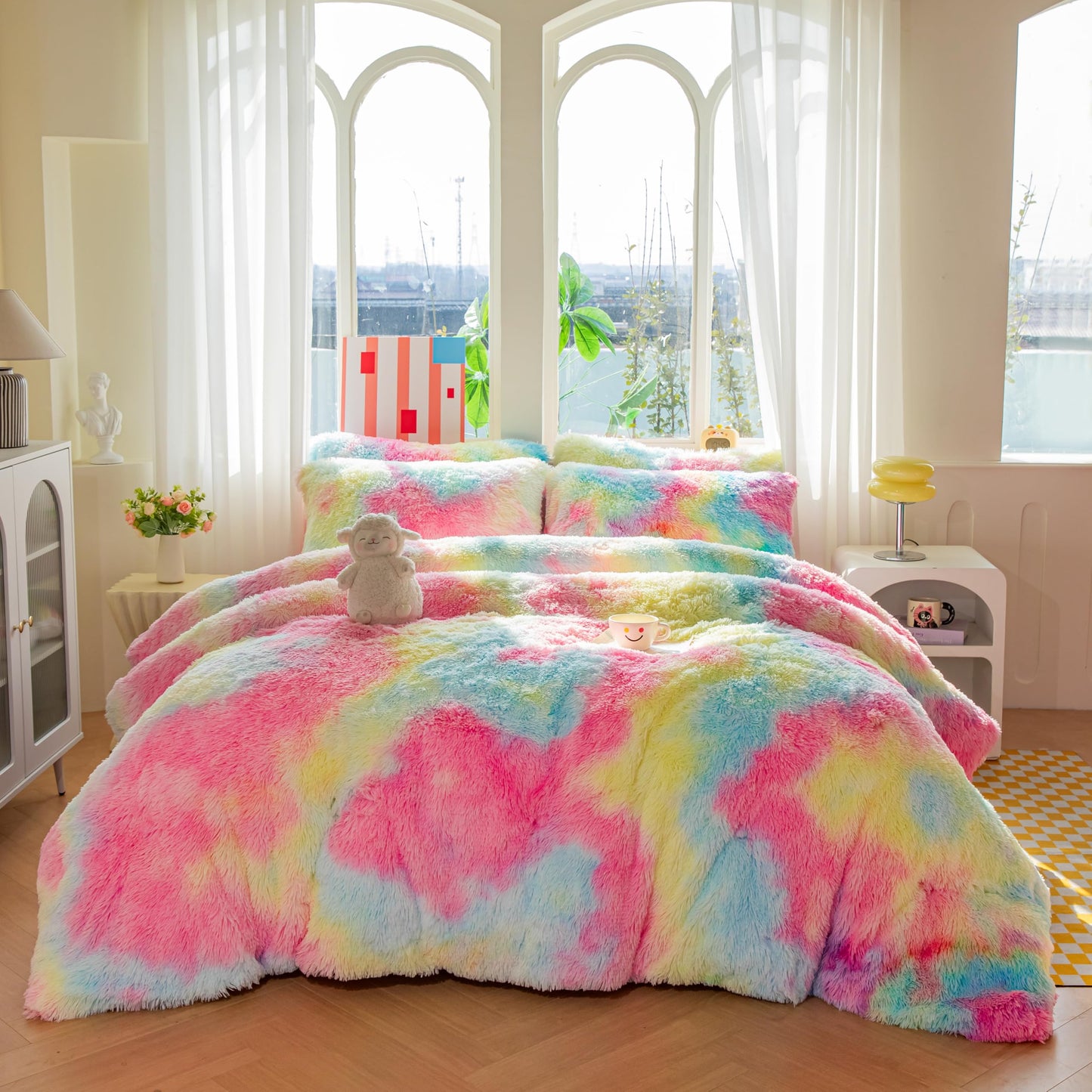 Roscloud Faux Fur Kids Girls Rainbow Comforter Sets Twin/Full - 3PC Bed Set Warm Comfortable Soft Plush Flannel Velvet Fluffy Fuzzy Bedding（Comforter x 1 Pillowcases x 2）