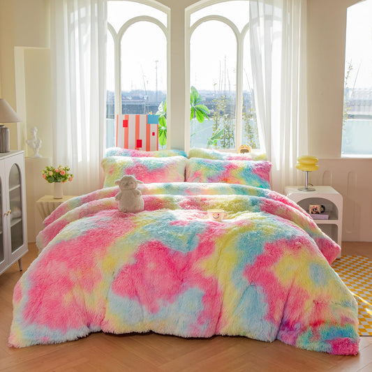 Roscloud Faux Fur Kids Girls Rainbow Comforter Sets Twin/Full - 3PC Bed Set Warm Comfortable Soft Plush Flannel Velvet Fluffy Fuzzy Bedding（Comforter x 1 Pillowcases x 2）