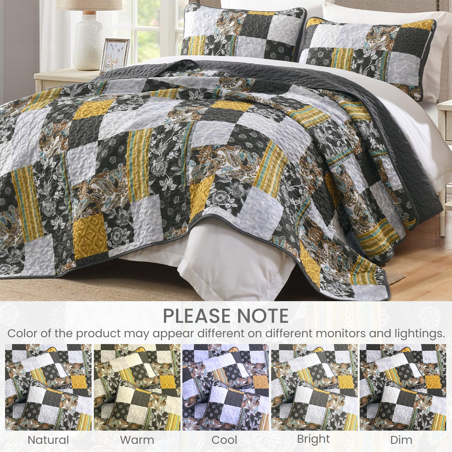 Patchwork Quilt Set King Grey Boho Bedsperad Classic Coverlet Set, 3 Pieces Bohemian Quilts Grey Yellow Bedding Set, Soft Microfiber Reversible Plaid Patchwork Bedspread for All Seaon (110''x90'')