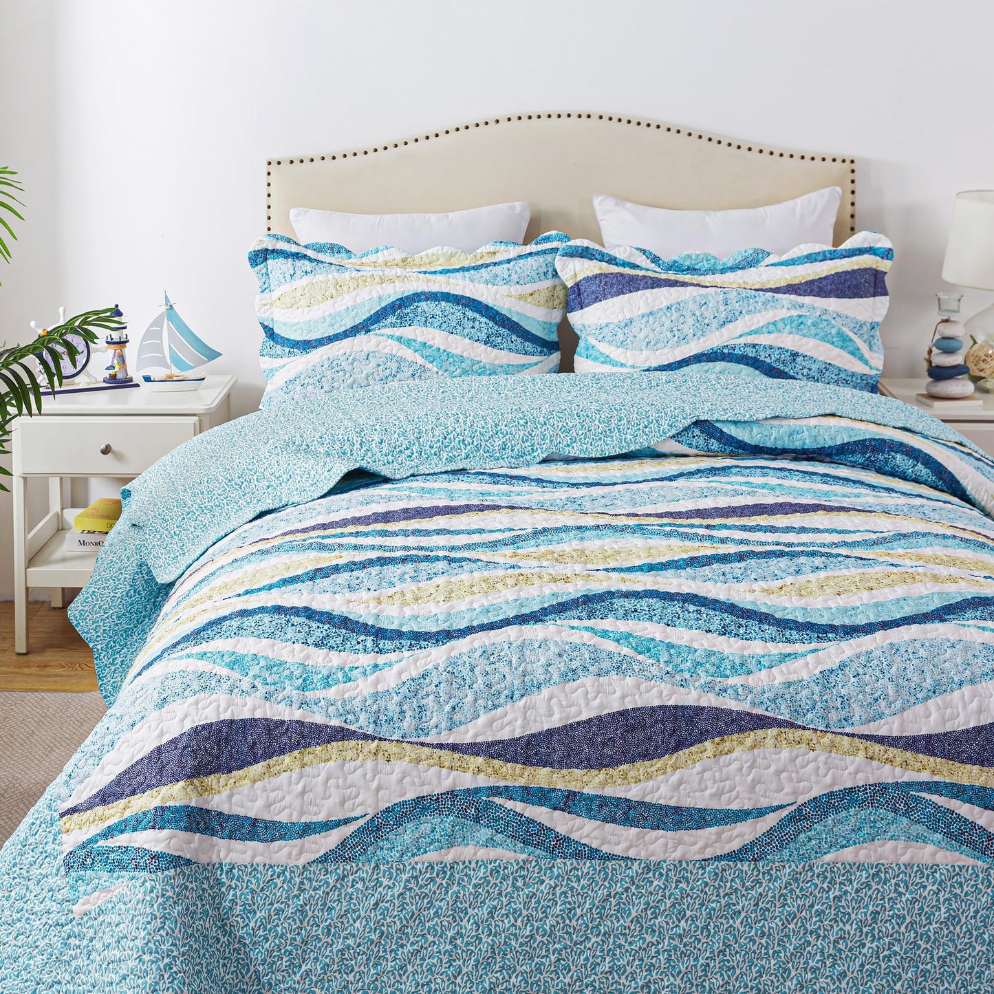 HoneiLife Queen Bedspreads Oversized - 106"x106" Coastal Quilt Sets, Beach Quilt 3-Piece, Nautical Bedspreads Ocean Coverlets, Lightweight Bed Cover, Summer Quilts