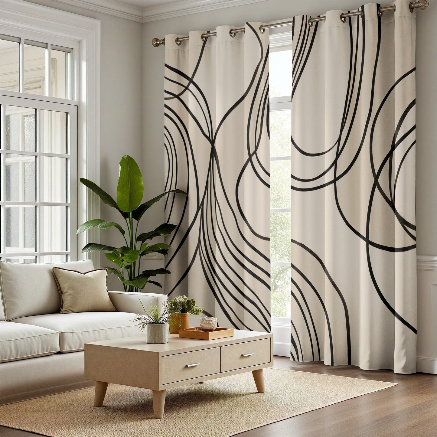 Modern Curtains Blackout, Abstract Line Curtains, Contemporary Neutral Curtain for Windows, Minimalist Japandi Wabi-Sabi Drapes for Bedroom Living Room, Grommet Curtain 84 Inches Long 2 Panel Set