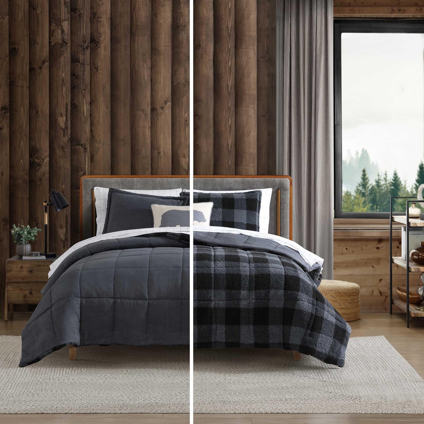 Eddie Bauer - Queen Comforter Set, Microsuede Bedding with Soft Plush Faux Shearling Reverse, 3 Piece Bed Set with Matching Pillowcases (Cabin Plaid Grey)